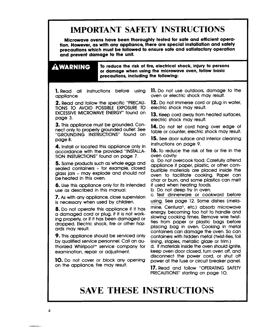 Whirlpool MWIOOOXW manual Save These Instructions, Important Safety Instructions 