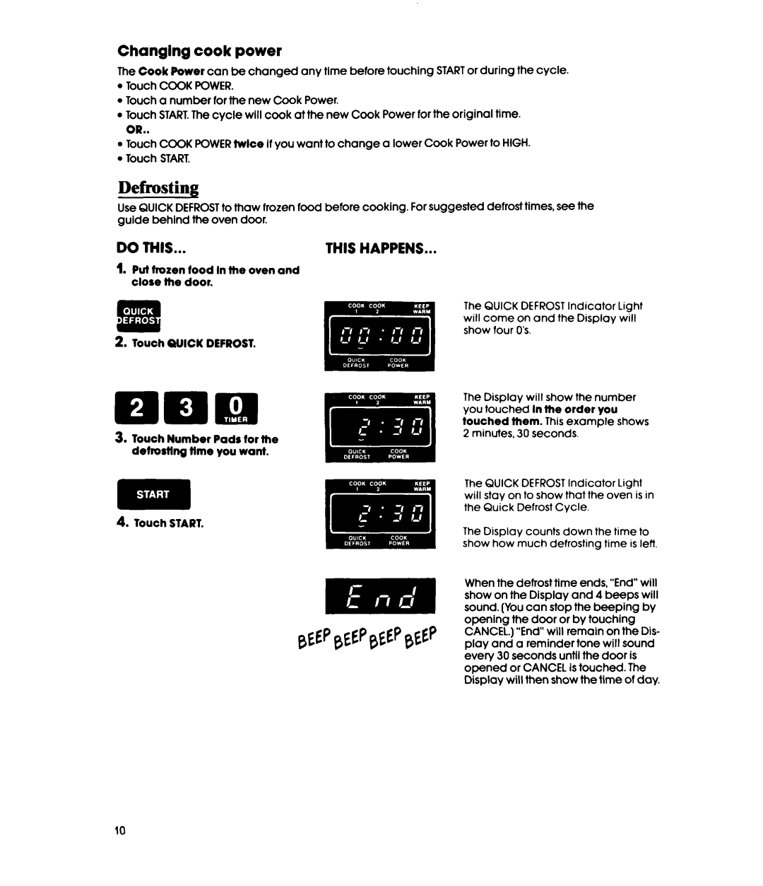 Whirlpool MWl500XS, MWl501XS manual Defrosting, Changing cook power 