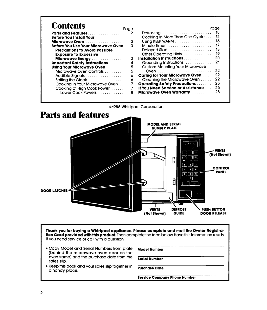 Whirlpool MWl500XS, MWl501XS manual Contents, Parts and features 