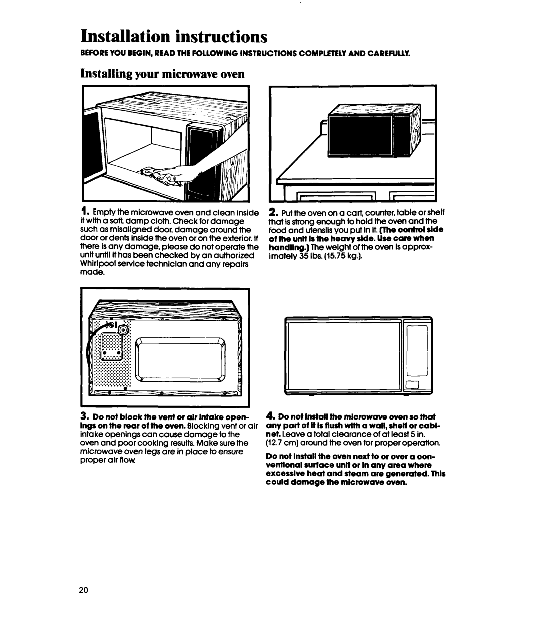 Whirlpool MWl500XS, MWl501XS manual Installation instructions, Installing your microwave oven 