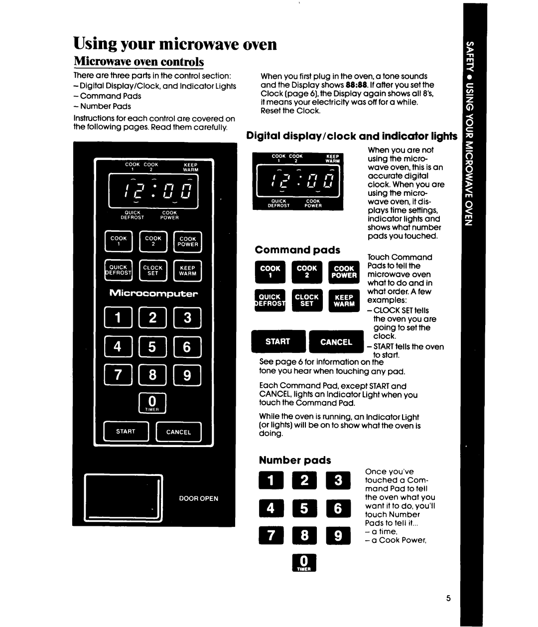 Whirlpool MWl501XS Oven, Microwave oven controls, Digital display/clock and indicator lights, Command pads, Number pads 