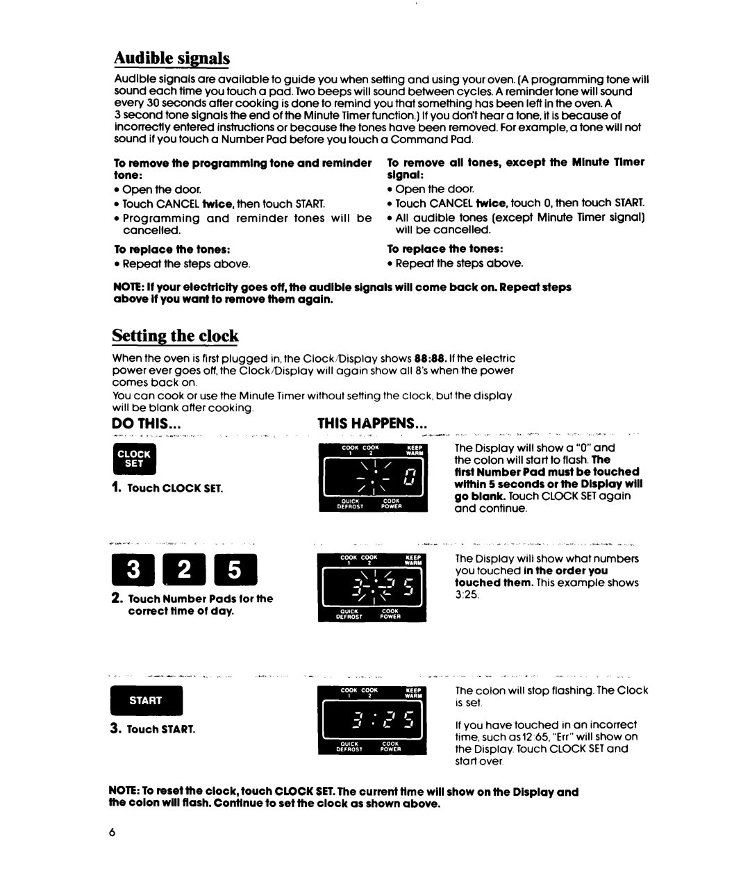 Whirlpool MWl500XS, MWl501XS manual Audible signals, Setting the clock 