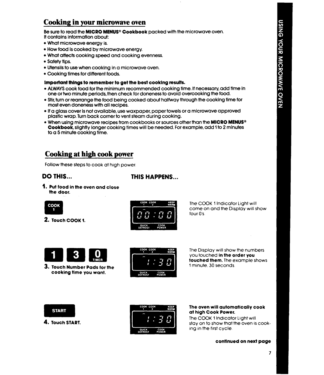 Whirlpool MWl501XS, MWl500XS manual Cooking in your microwave oven, Cooking at high cook power 