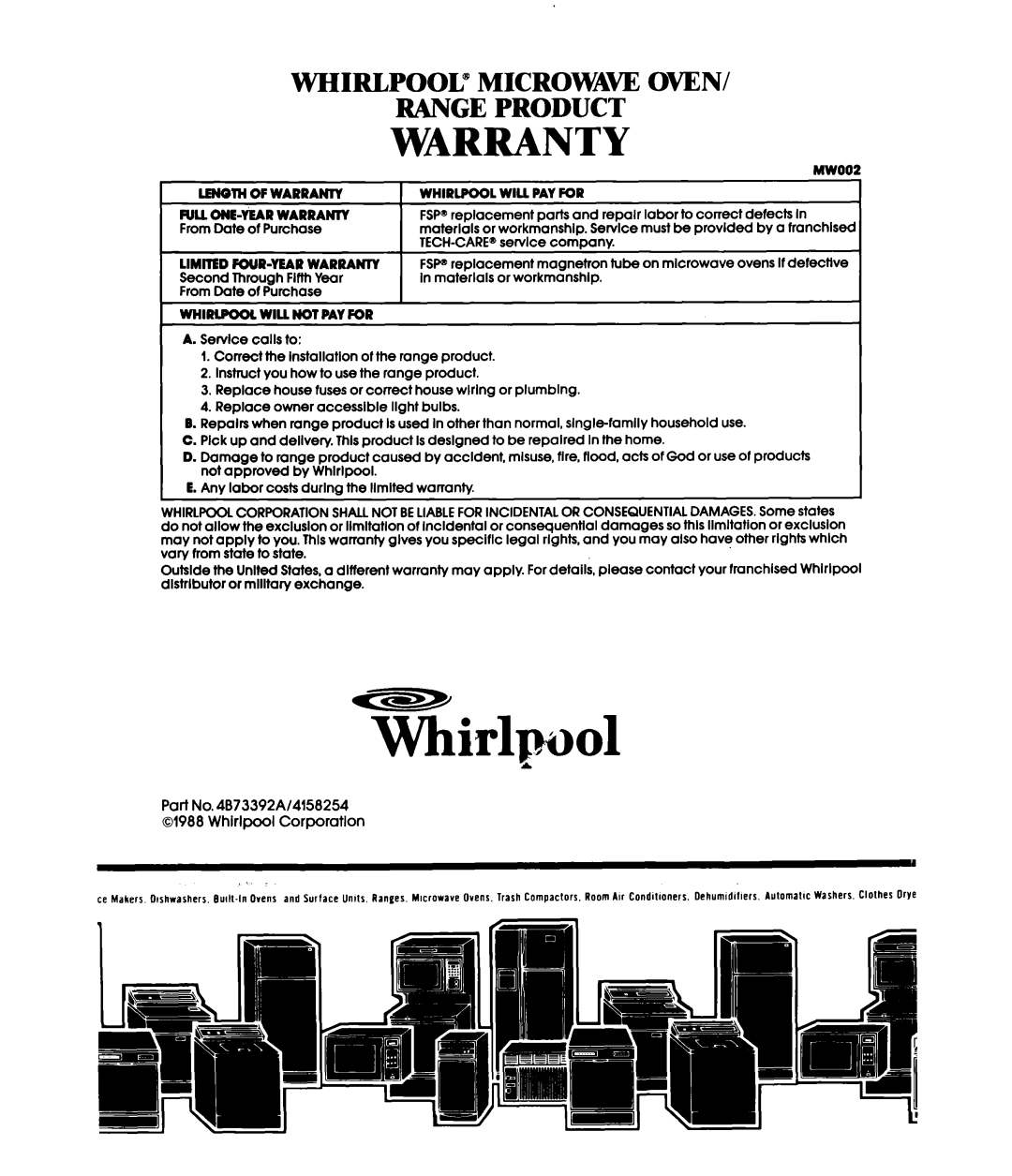 Whirlpool MWl500XS, MWl501XS manual Warranty, Whirlpool@, Microwaw, Oven, Range Product 