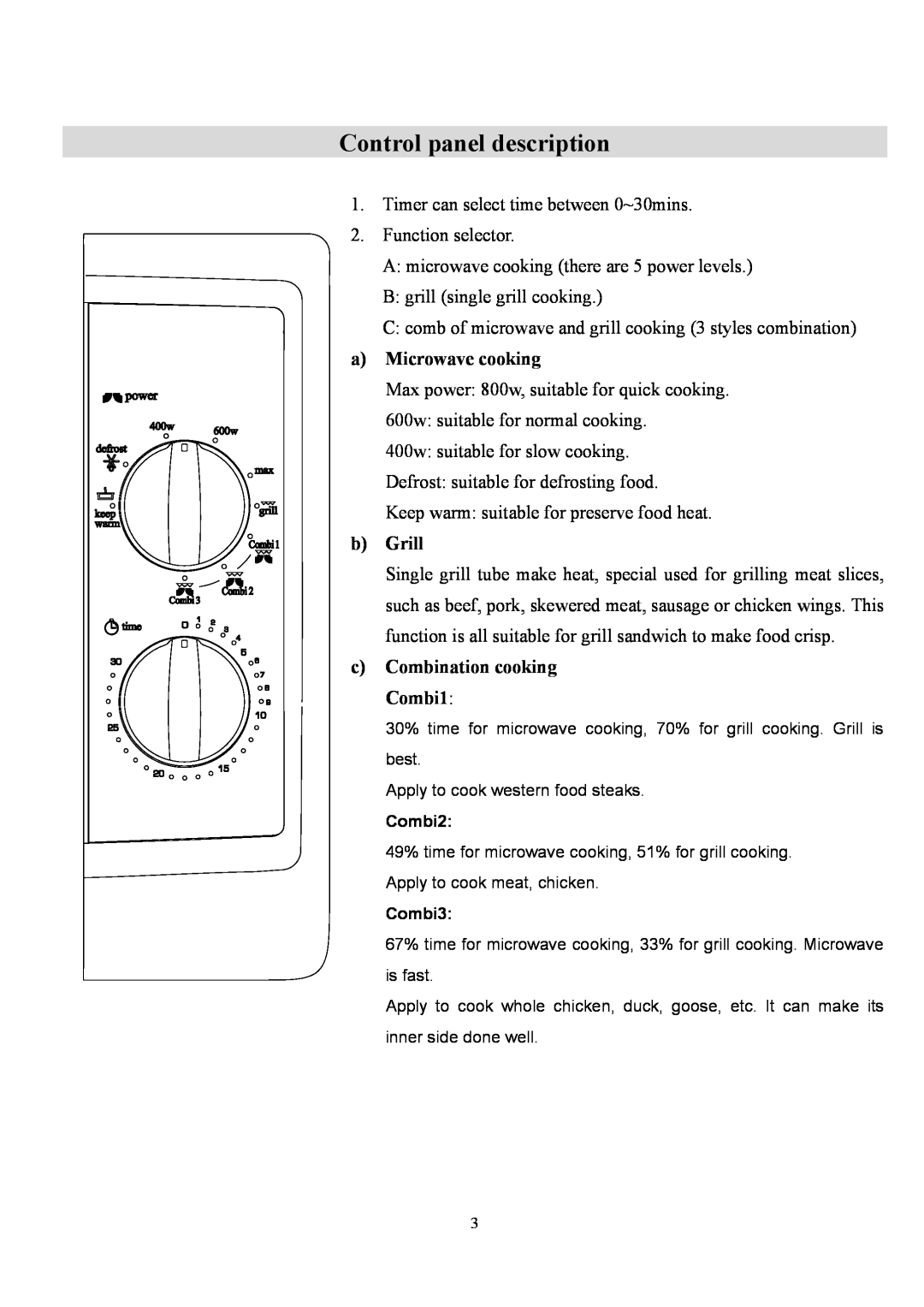 Whirlpool MWO 605 manual Control panel description, a Microwave cooking, b Grill, c Combination cooking Combi1 