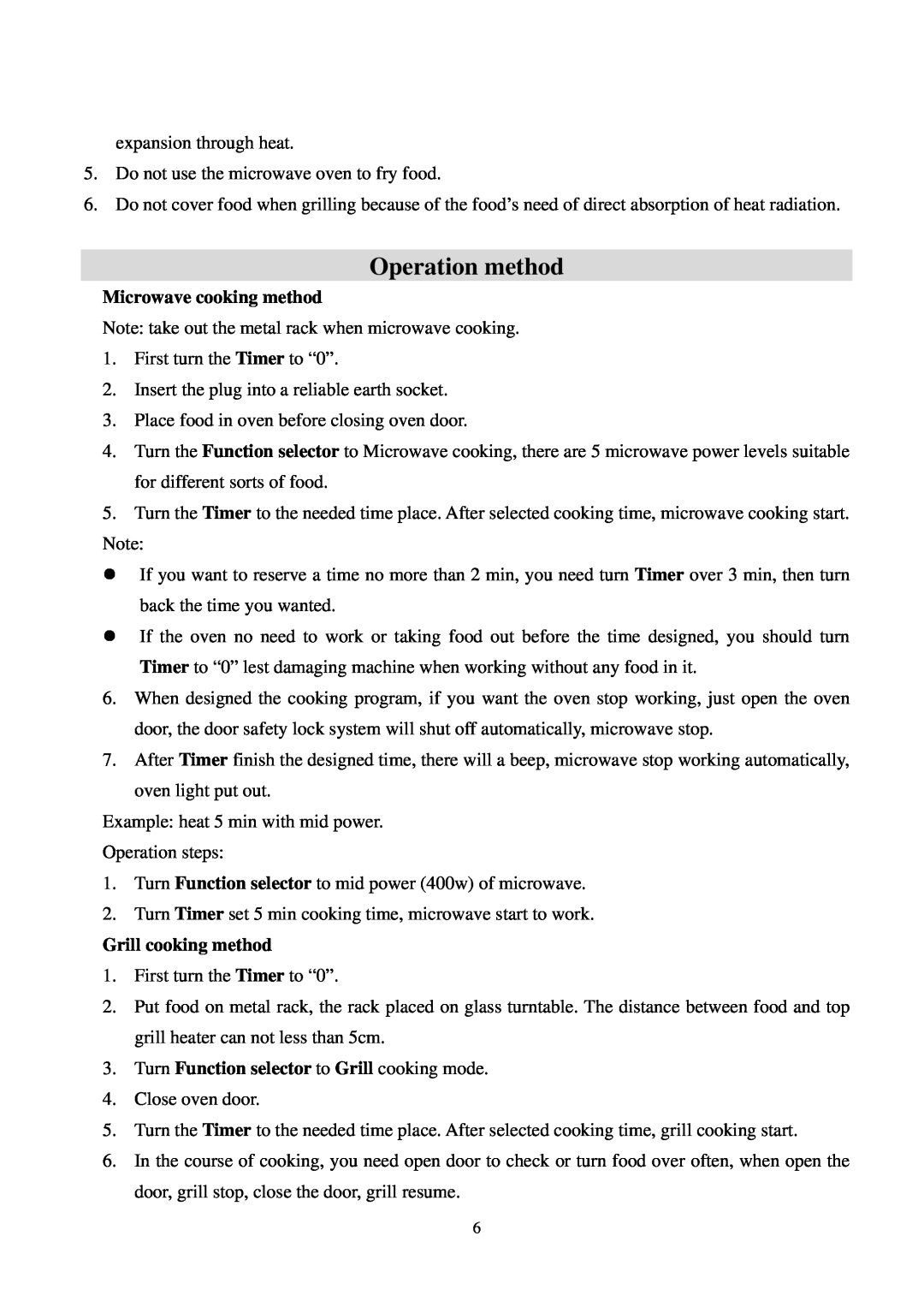 Whirlpool MWO 605 manual Operation method, Microwave cooking method, Grill cooking method 