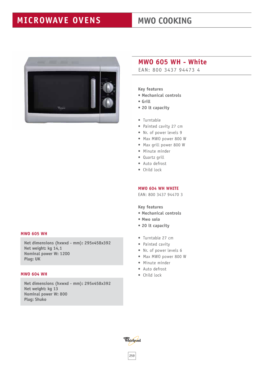 Whirlpool MWO 611 WH, MWO 611 SL MWO 605 WH White, EAN 800 3437 94473, Key features Mechanical controls Grill Lt capacity 