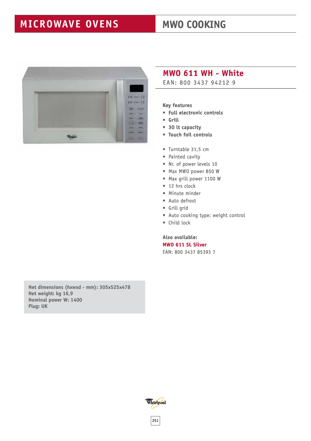 Whirlpool dimensions Microwave Ovens, Mwo Cooking, MWO 611 WH - White, Ean, Key features Full electronic controls Grill 