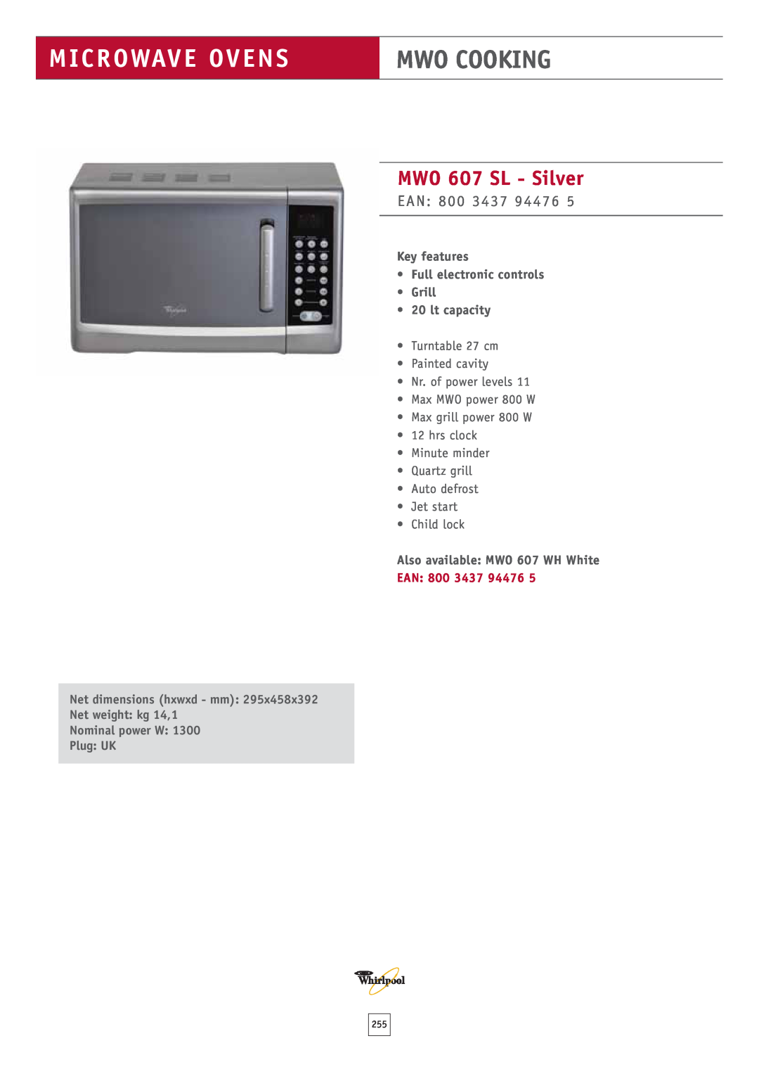 Whirlpool MWO 611 WH MWO 607 SL - Silver, Ean, lt capacity, Also available MWO 607 WH White, Microwave Ovens, Mwo Cooking 