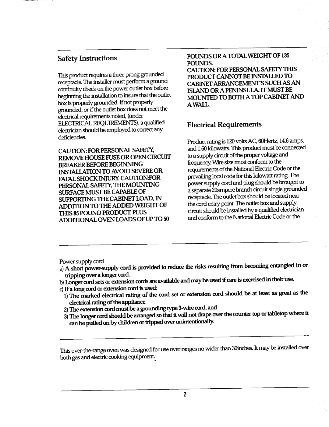 Whirlpool Ni-l30 manual Safety Instructions 