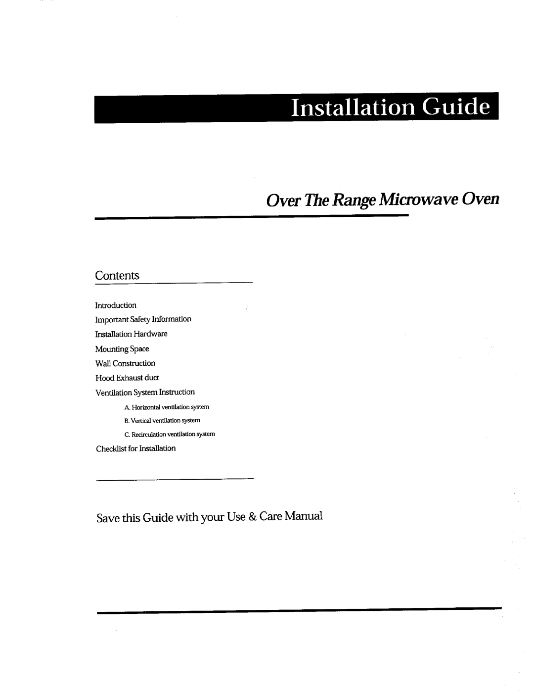 Whirlpool Ni-l30 manual Installatin Guide, Over The Range Microwave Oven, Contents, Installation Hardware Mounting Space 