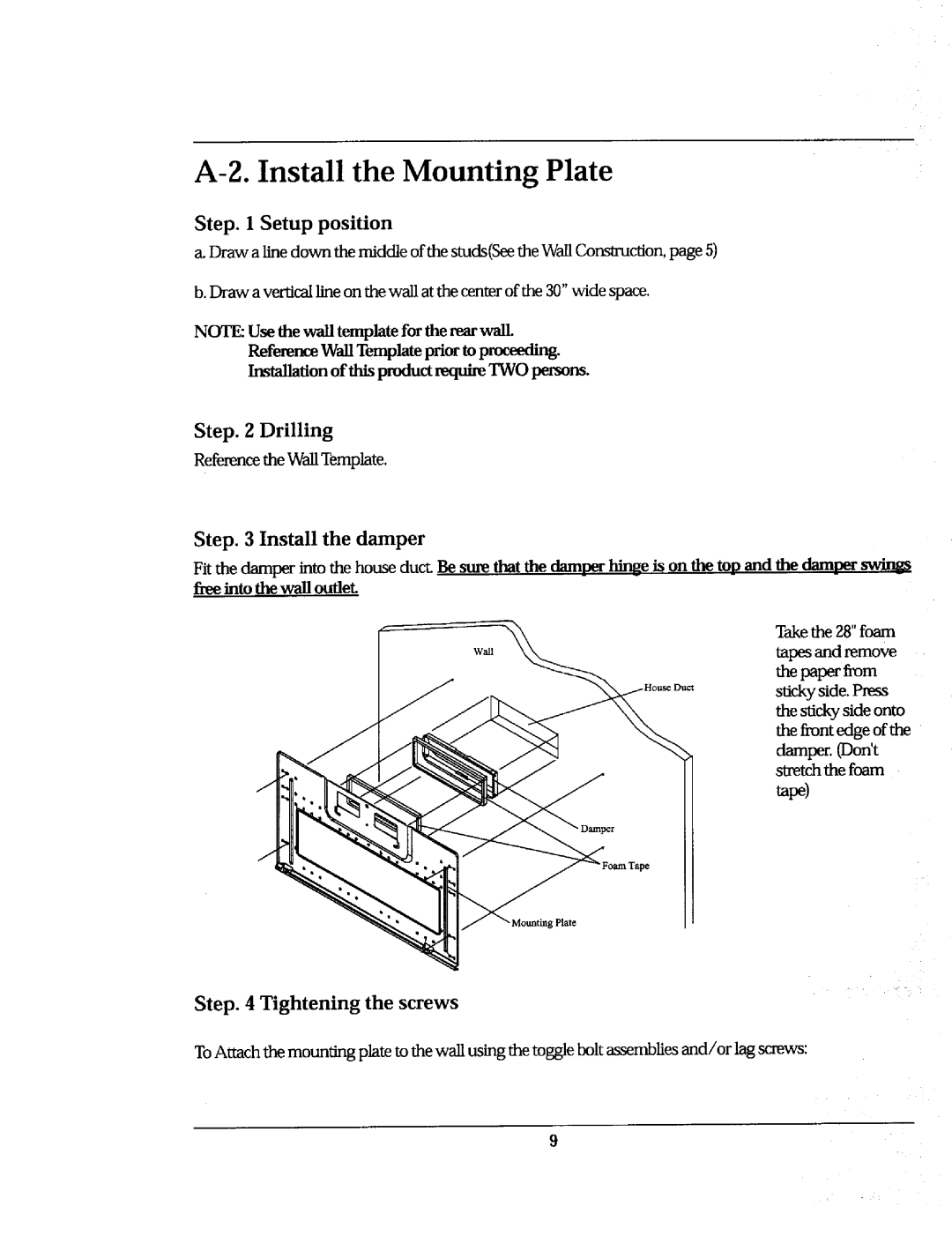 Whirlpool Ni-l30 A-2.Install the Mounting Plate, Step. 1 Setup position, Step. 2 Drilling, Step. 3 Install the damper 