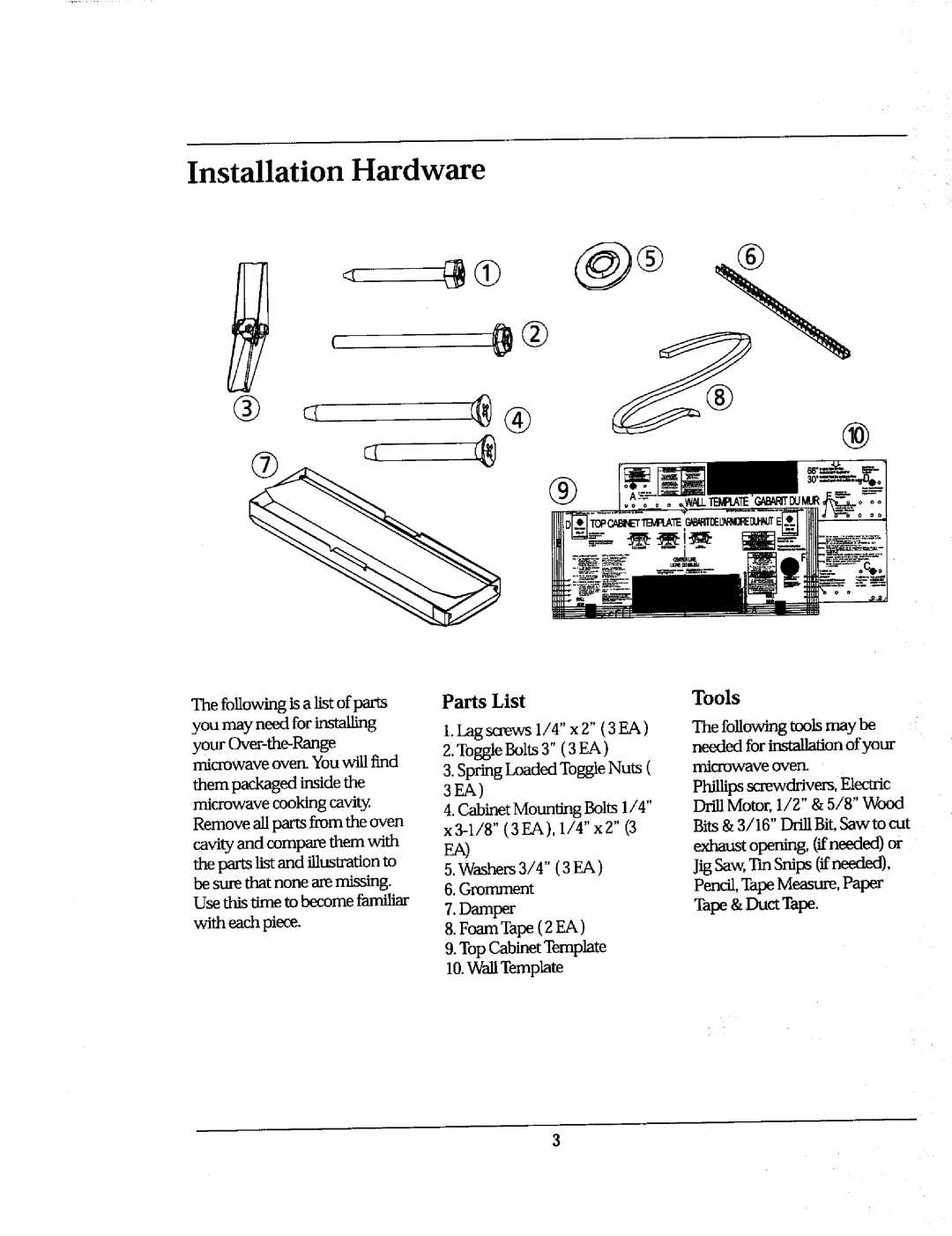 Whirlpool Ni-l30 manual Installation Hardware, Parts List 