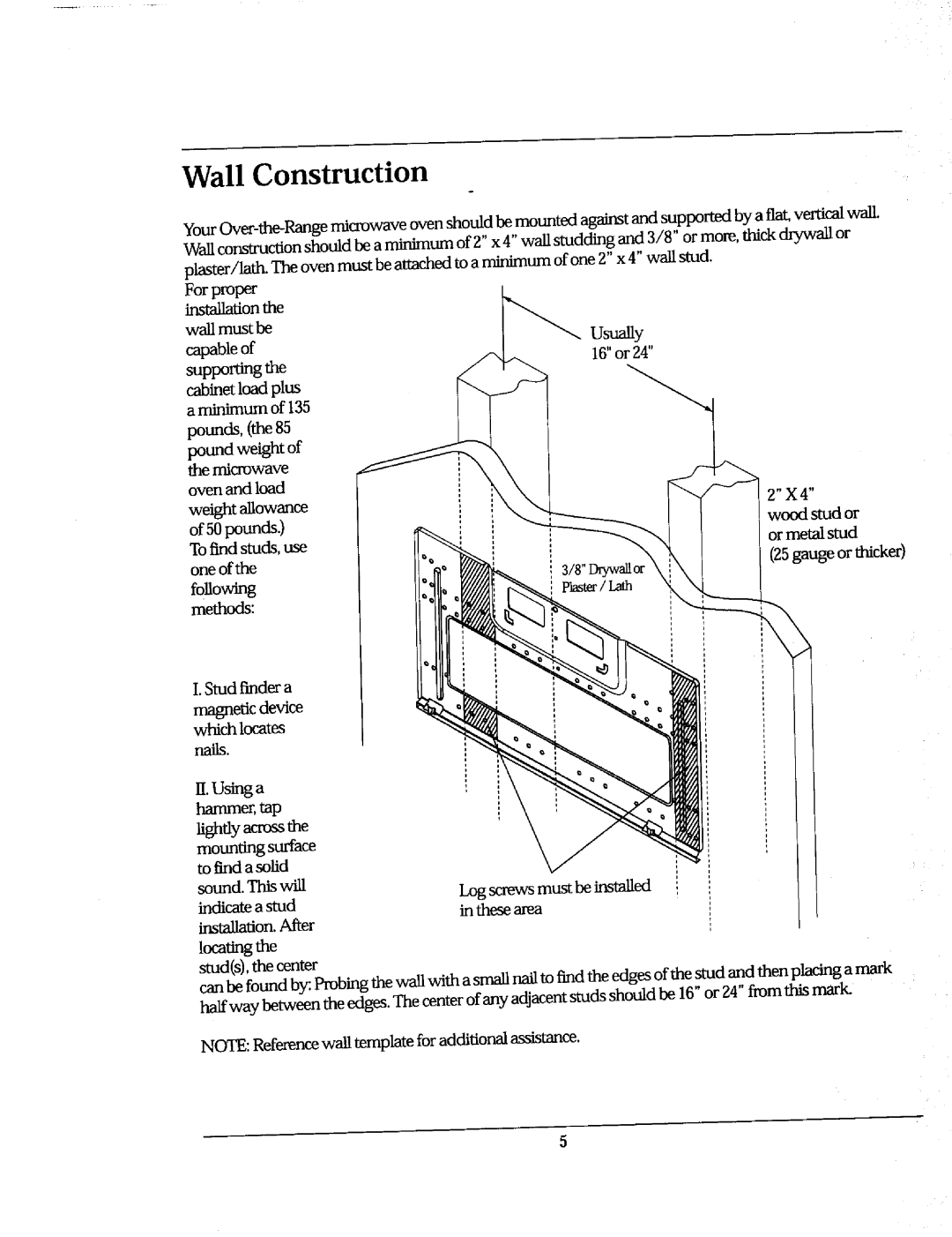 Whirlpool Ni-l30 manual Wall Construction 