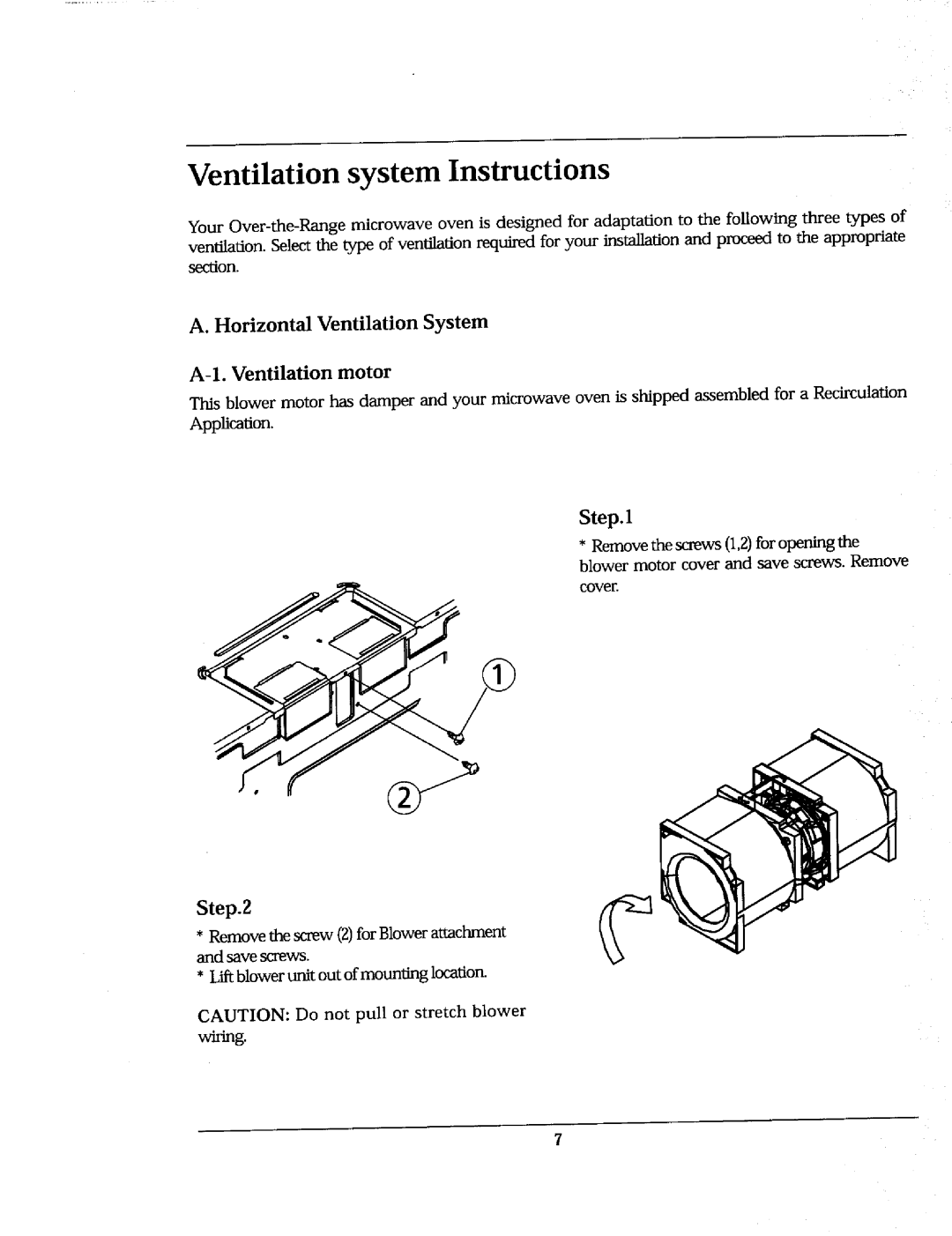 Whirlpool Ni-l30 Ventilation system Instructions, A. Horizontal Ventilation System, Step.1, Step.2C, A-1.Ventilation motor 