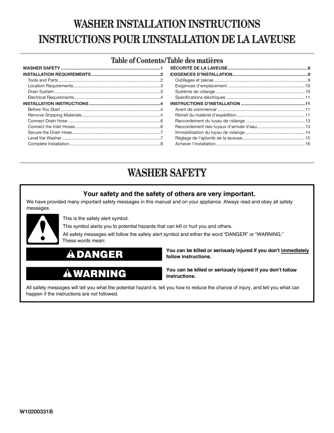 Whirlpool NTW5100TQ installation instructions Washersafety 