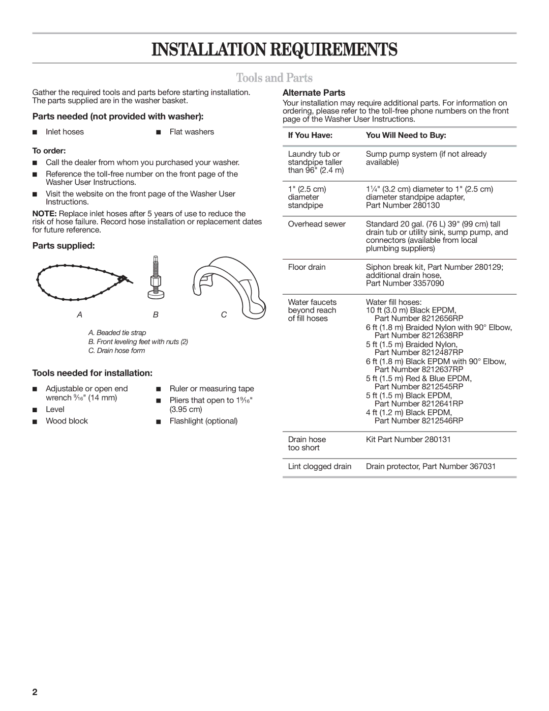 Whirlpool NTW5100TQ Tools and Parts, Parts needed not provided with washer, Parts supplied, Tools needed for installation 