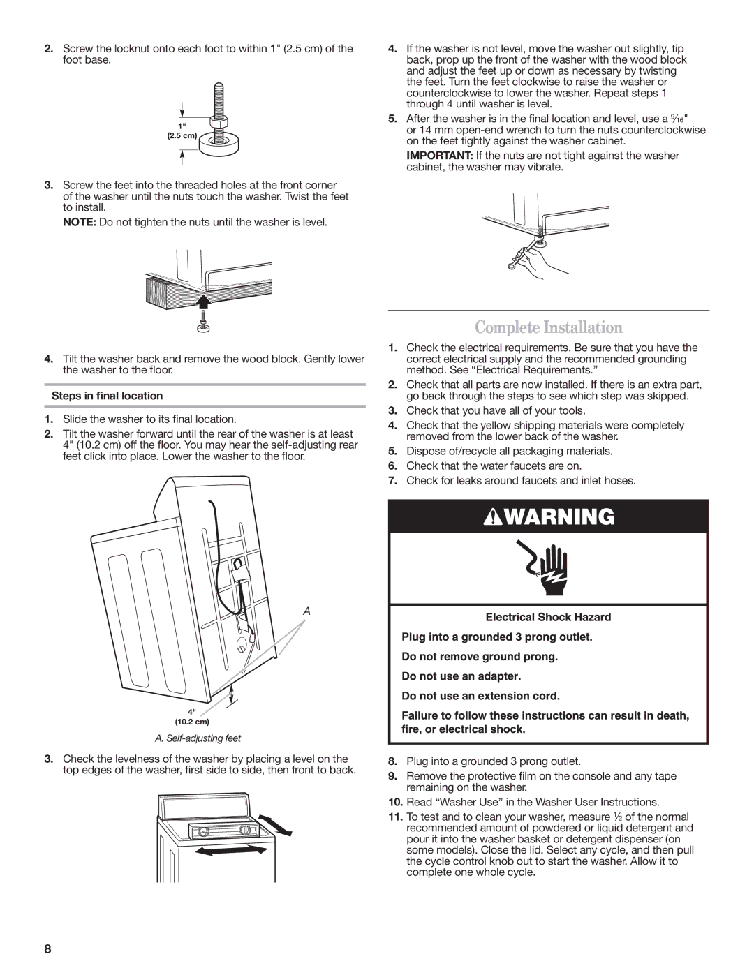 Whirlpool NTW5100TQ CompleteInstallation, Steps in Dnal location, Slide the washer to its Mnal location 