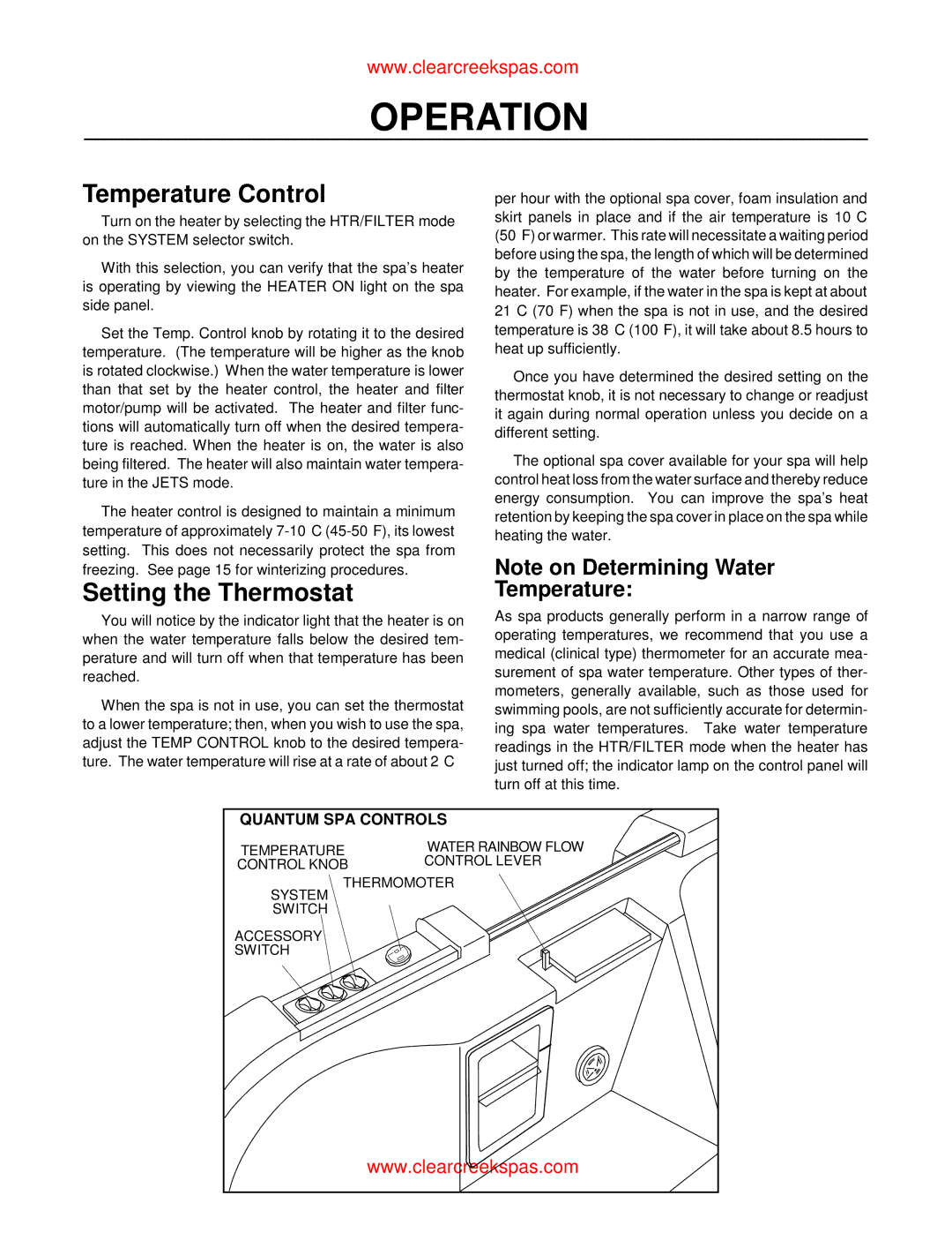 Whirlpool oortable spa owner manual Temperature Control, Setting the Thermostat, Quantum SPA Controls 