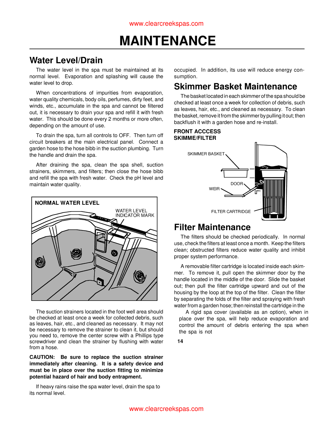 Whirlpool oortable spa owner manual Water Level/Drain, Skimmer Basket Maintenance, Filter Maintenance, Normal Water Level 