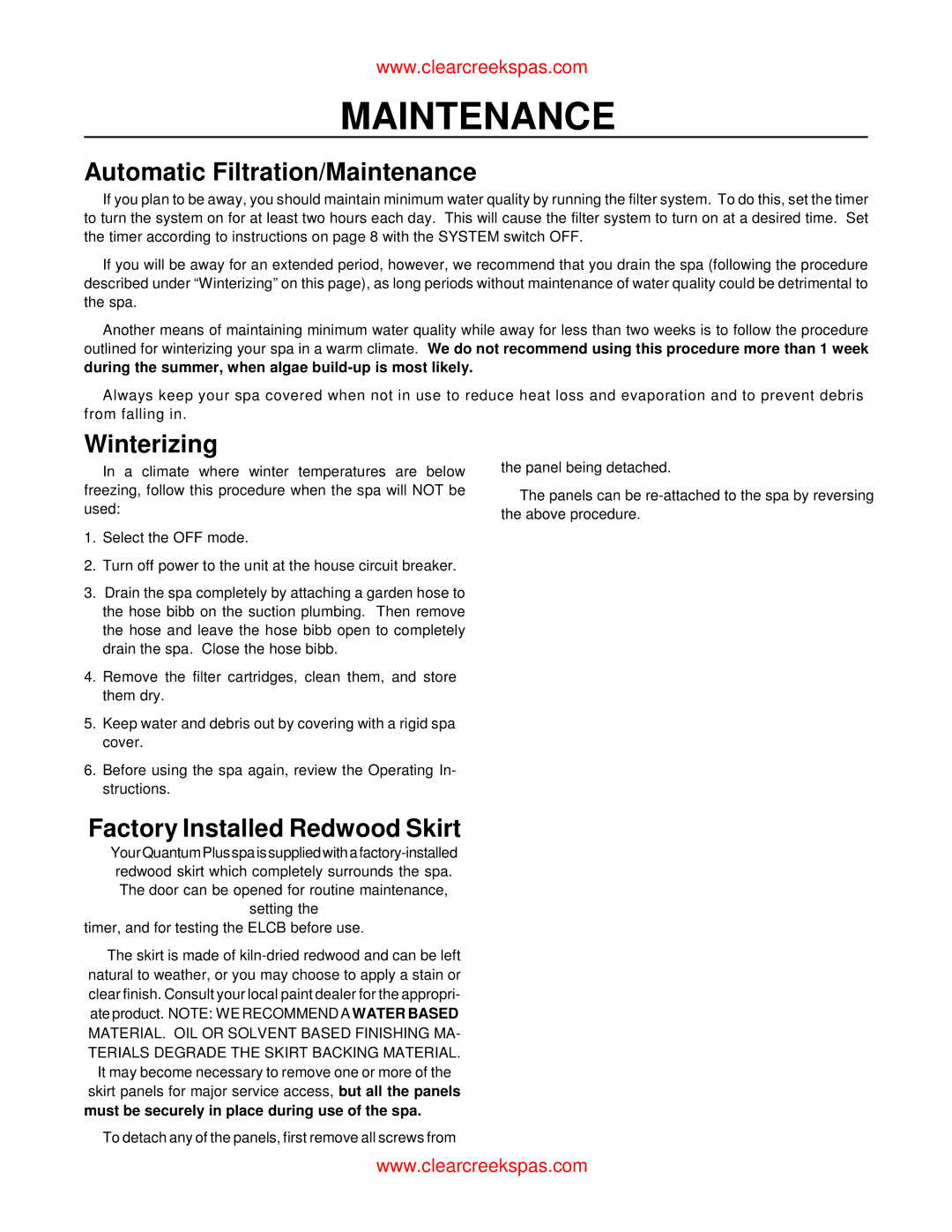 Whirlpool oortable spa owner manual Automatic Filtration/Maintenance, Winterizing, Factory Installed Redwood Skirt 