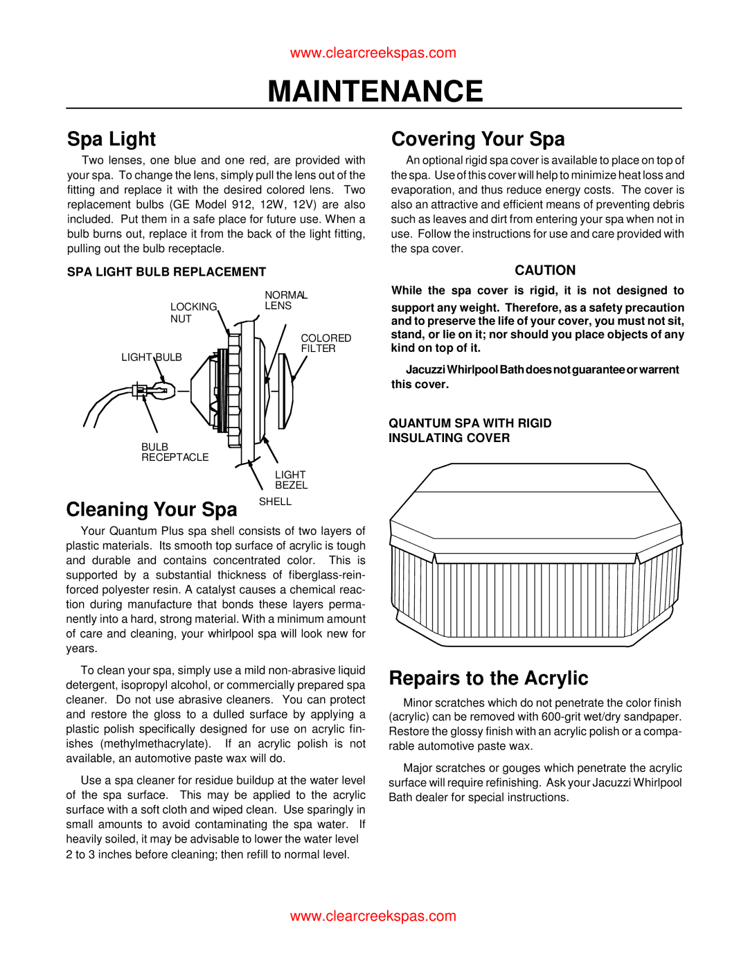 Whirlpool oortable spa owner manual Spa Light, Covering Your Spa, Cleaning Your Spa, Repairs to the Acrylic 