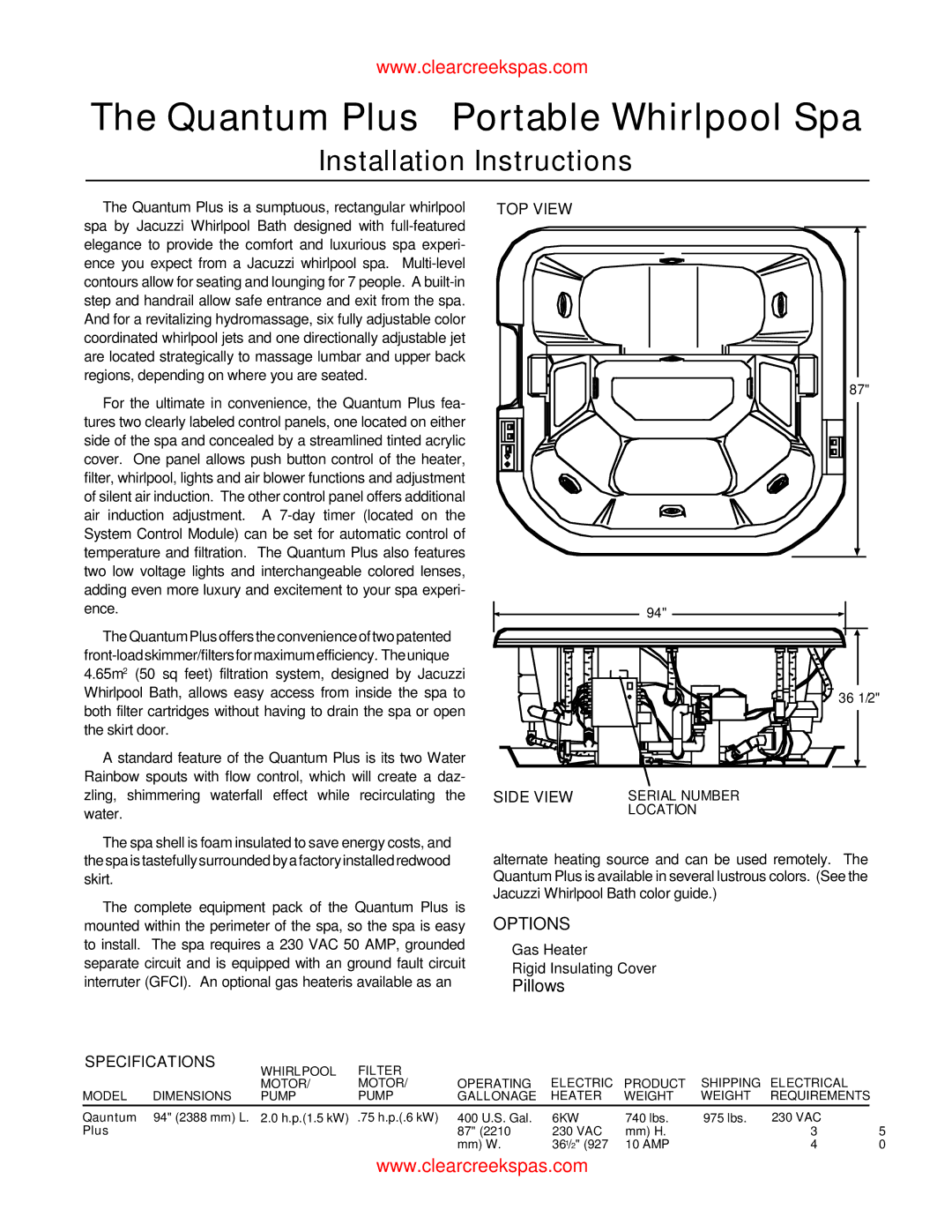 Whirlpool oortable spa owner manual TOP View, Side View, Specifications 