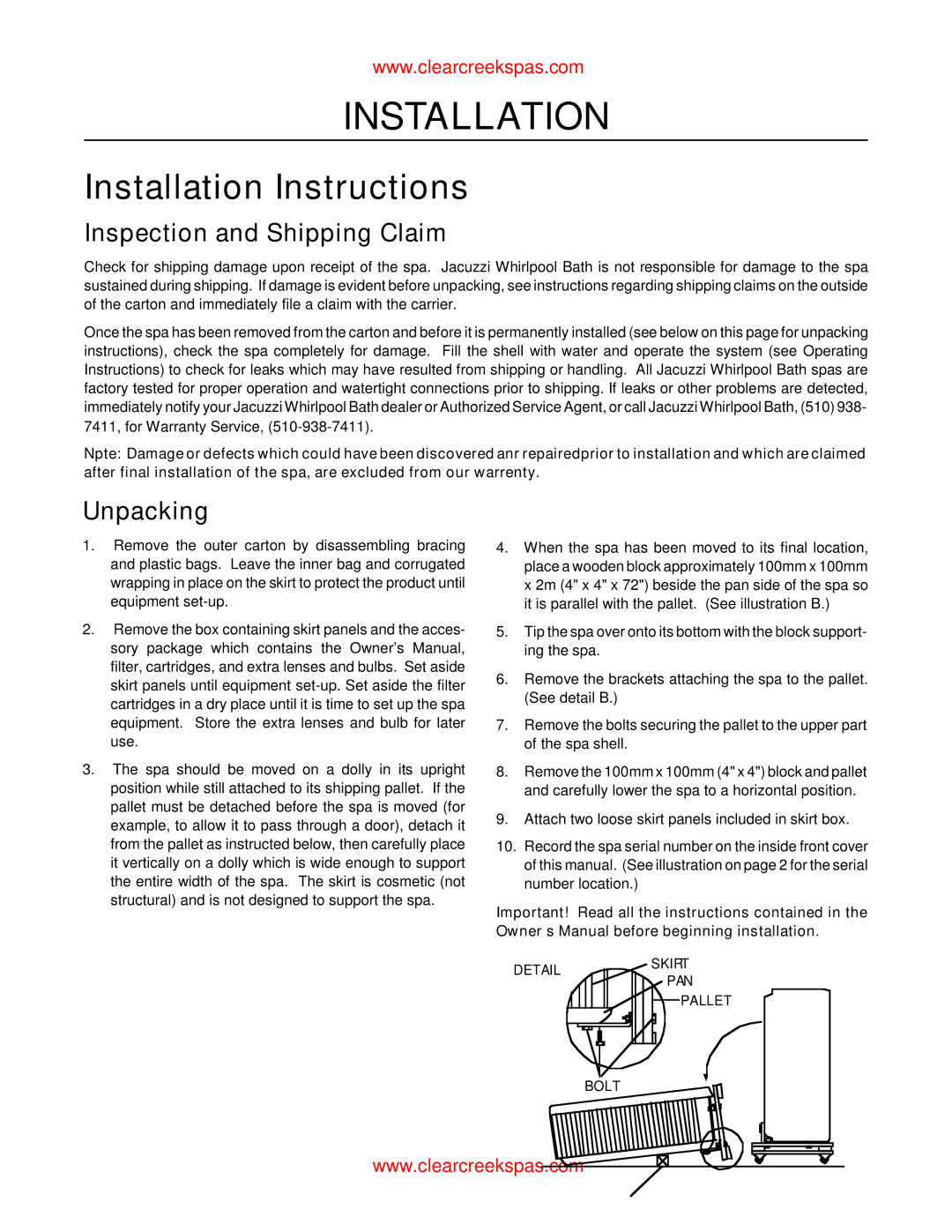 Whirlpool oortable spa owner manual Inspection and Shipping Claim, Unpacking 