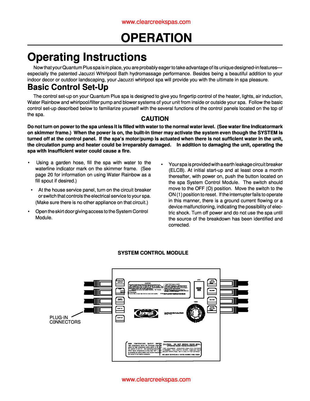 Whirlpool oortable spa owner manual Operation, Operating Instructions, Basic Control Set-Up, System Control Module 