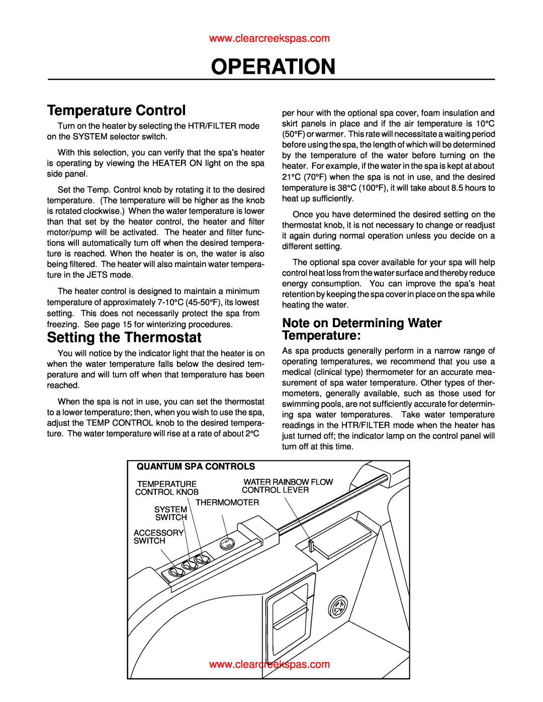 Whirlpool oortable spa Temperature Control, Setting the Thermostat, Note on Determining Water Temperature, Operation 