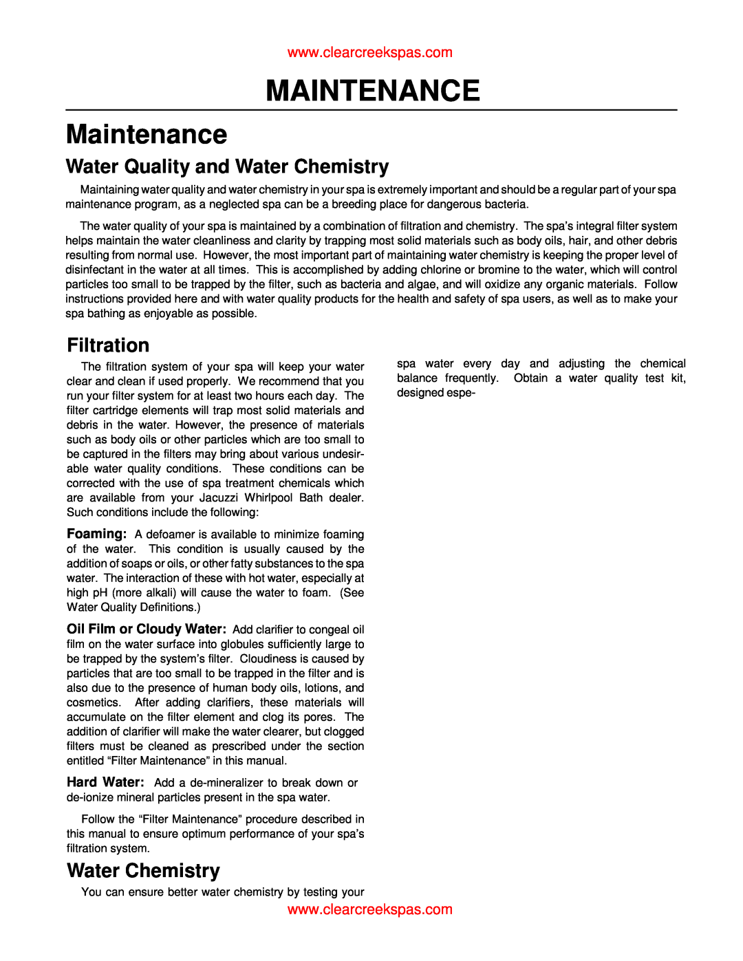 Whirlpool oortable spa owner manual Maintenance, Water Quality and Water Chemistry, Filtration 