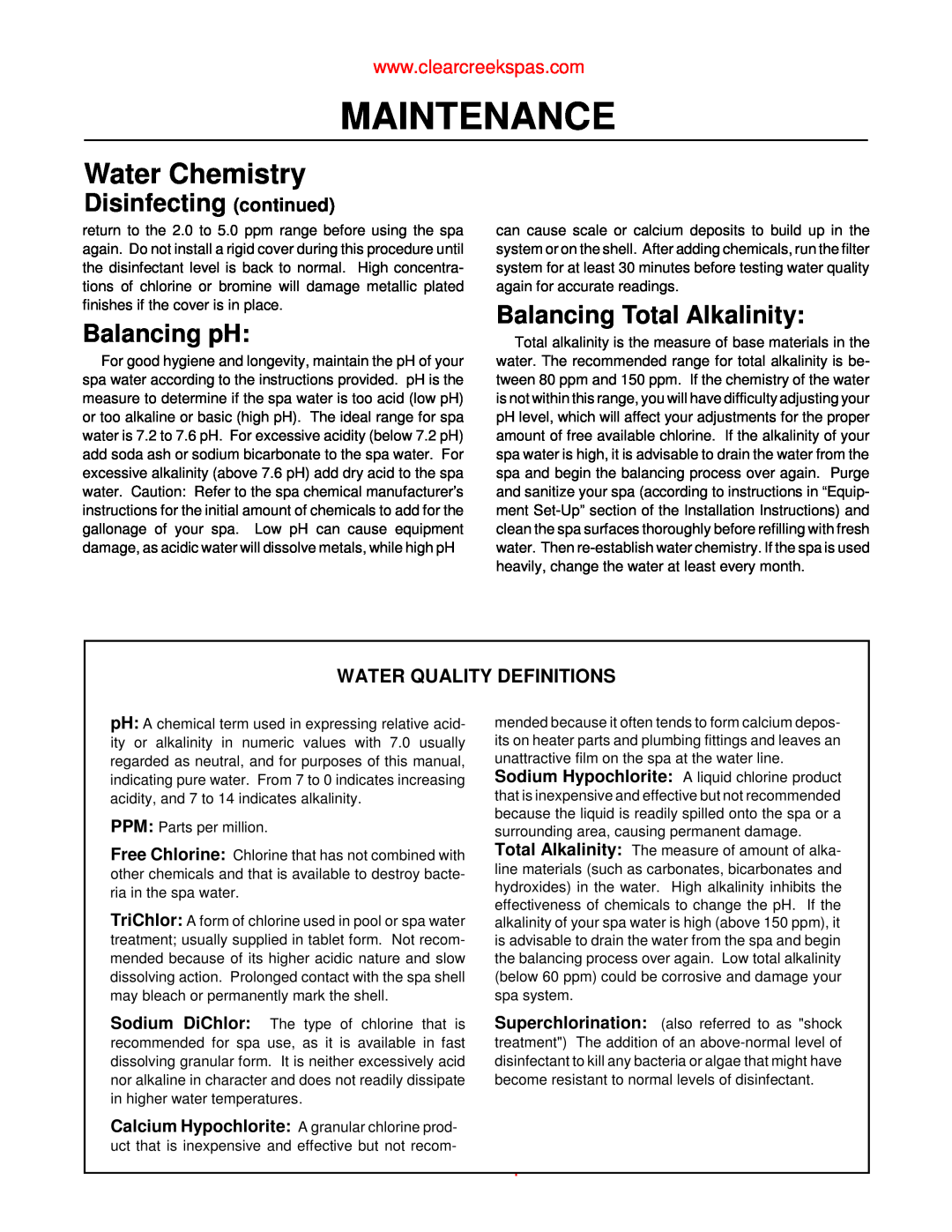 Whirlpool oortable spa Water Chemistry, Disinfecting continued, Balancing pH, Balancing Total Alkalinity, Maintenance 