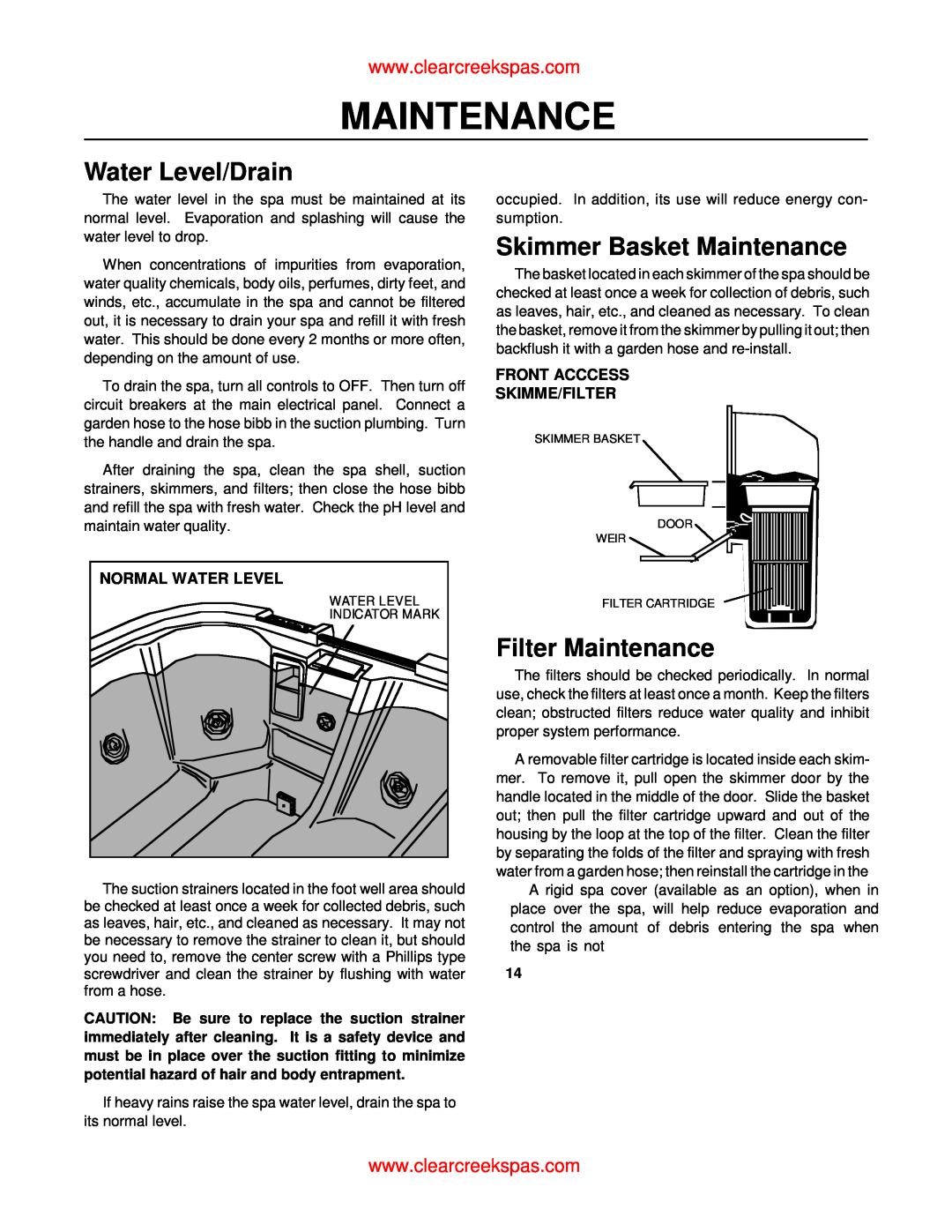 Whirlpool oortable spa owner manual Water Level/Drain, Skimmer Basket Maintenance, Filter Maintenance, Normal Water Level 