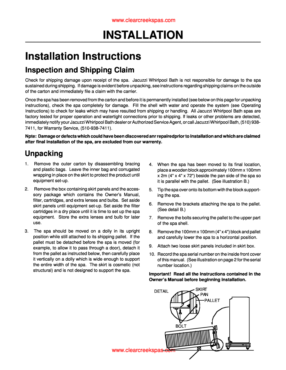 Whirlpool oortable spa owner manual Installation Instructions, Inspection and Shipping Claim, Unpacking 
