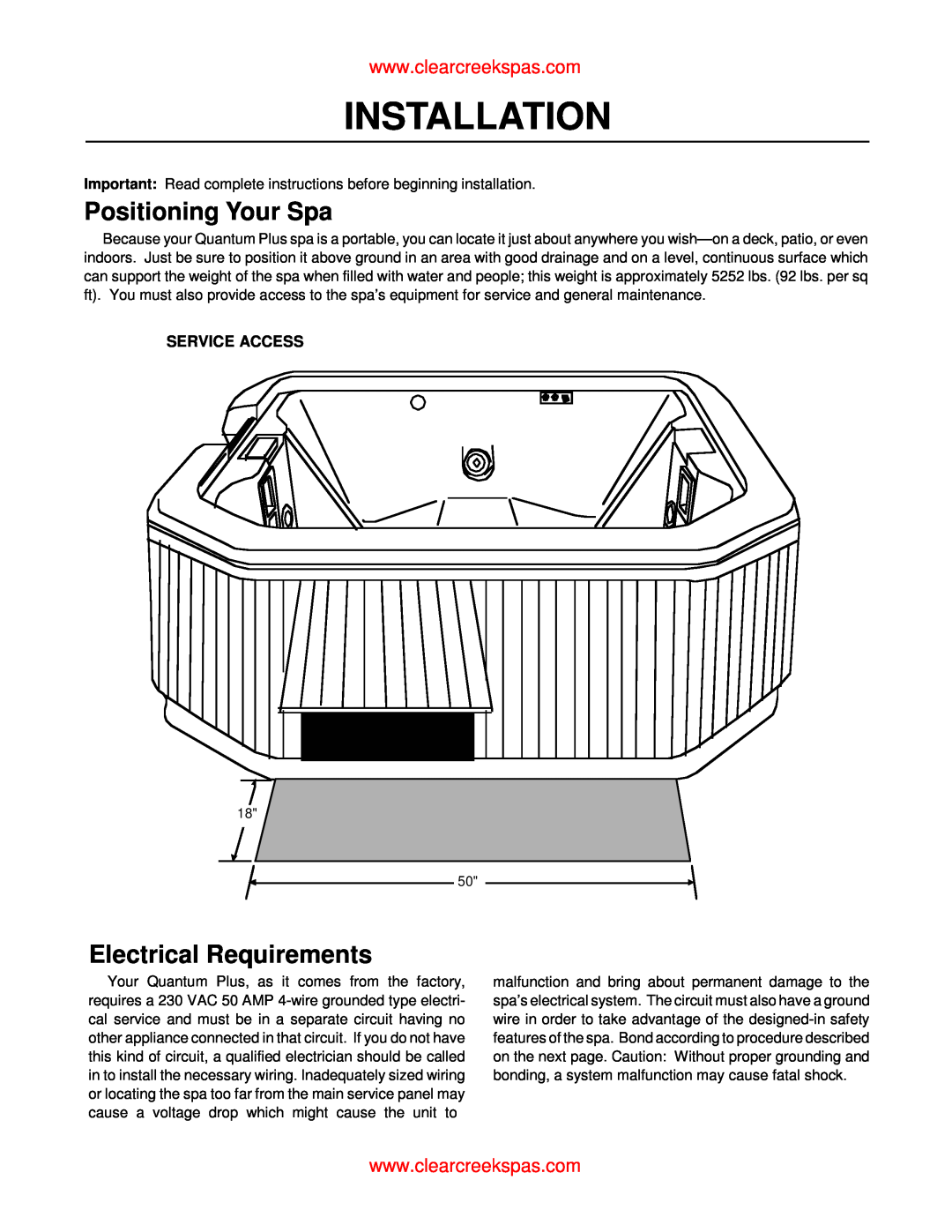 Whirlpool oortable spa owner manual Positioning Your Spa, Electrical Requirements, Service Access, Installation 
