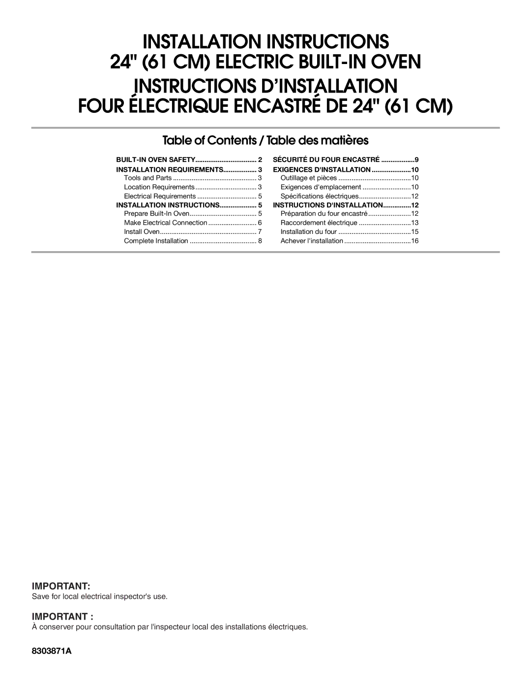 Whirlpool Oven installation instructions Table of Contents / Table des matières 