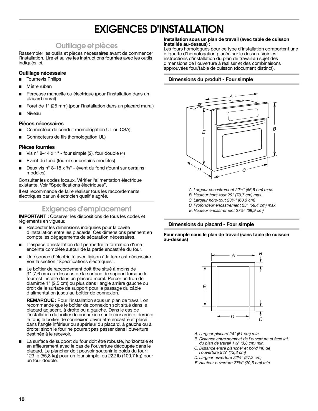 Whirlpool Oven installation instructions Exigences Dinstallation, Outillage et pièces, Exigences demplacement 