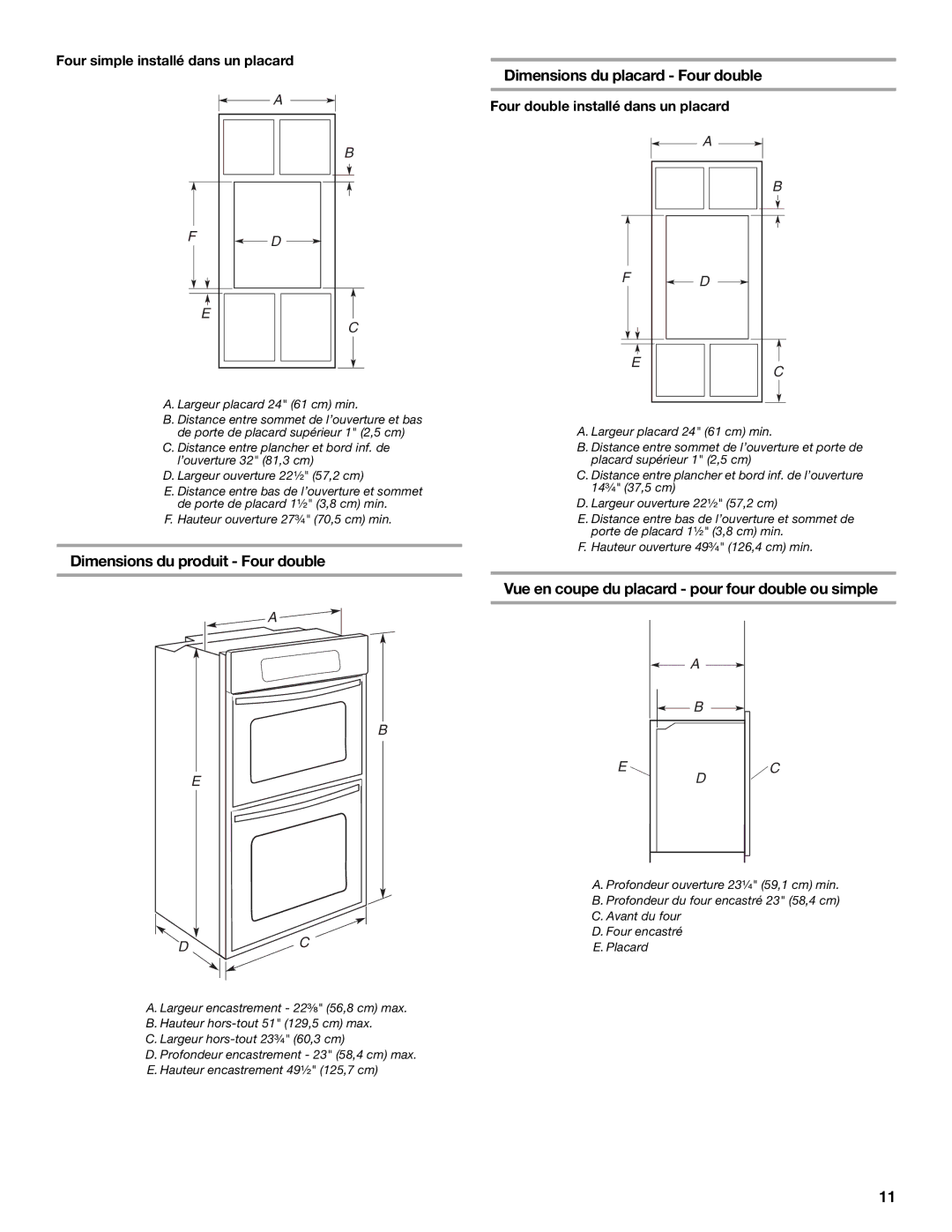 Whirlpool Oven Dimensions du produit Four double, Dimensions du placard Four double, Four simple installé dans un placard 