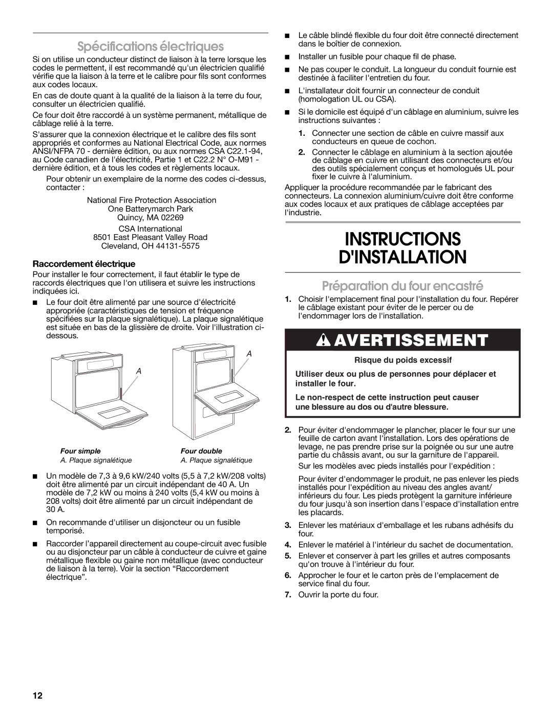 Whirlpool Oven Instructions Dinstallation, Spécifications électriques, Préparation du four encastré 