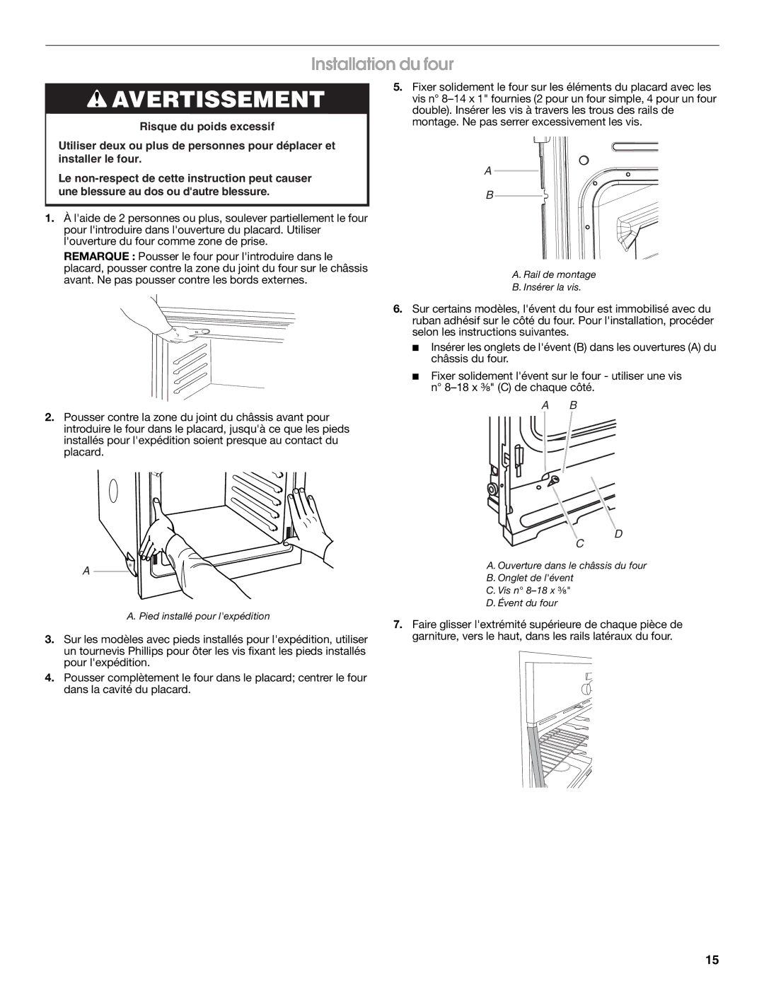 Whirlpool Oven installation instructions Installation du four 