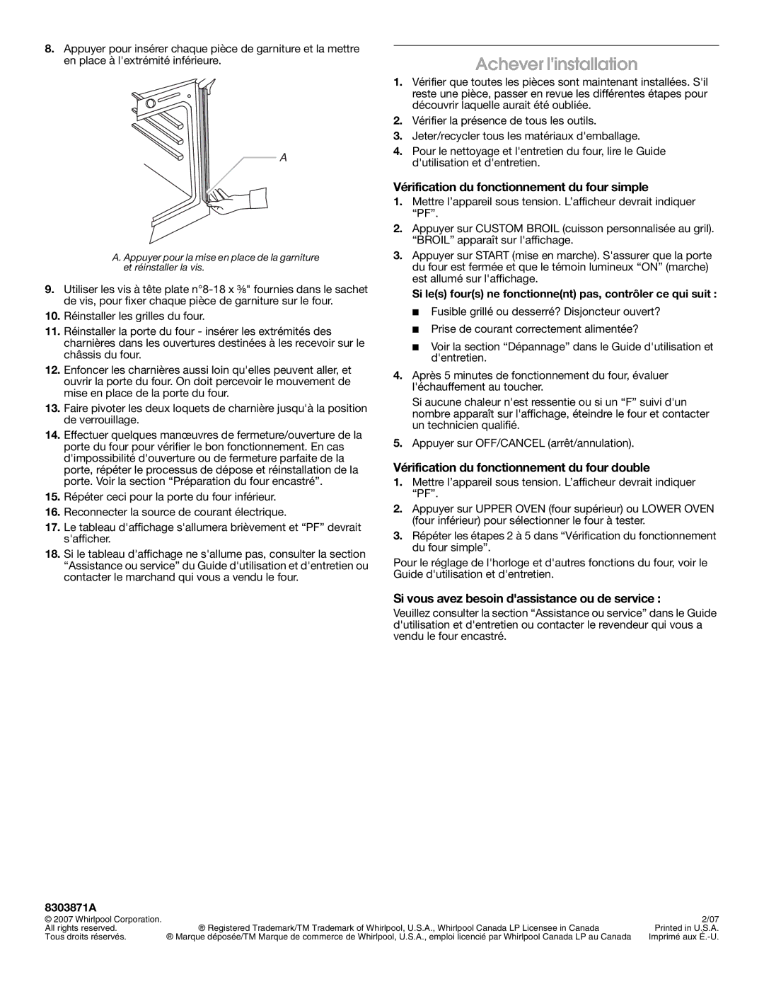 Whirlpool Oven installation instructions Achever linstallation, Vérification du fonctionnement du four simple 