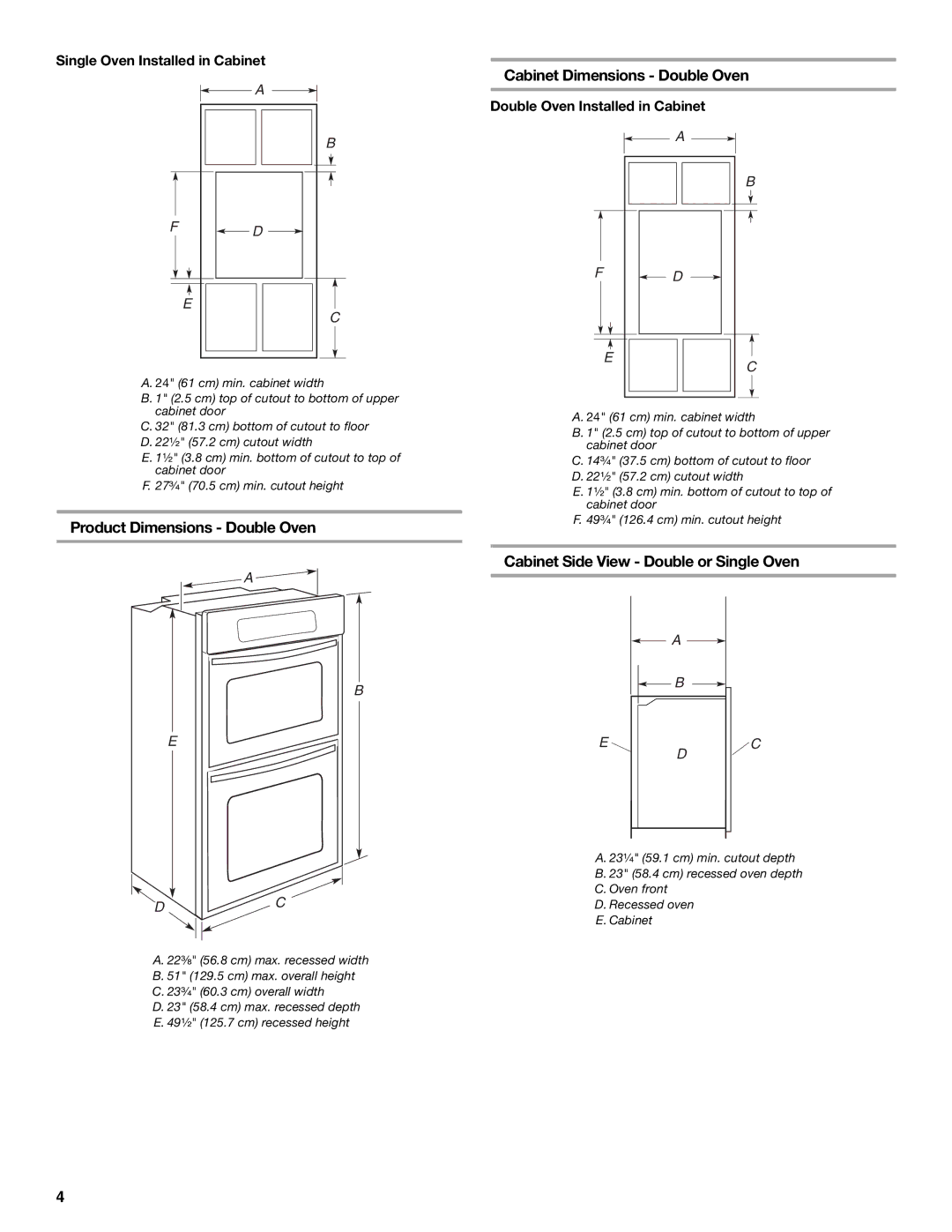 Whirlpool Product Dimensions Double Oven, Cabinet Dimensions Double Oven, Cabinet Side View Double or Single Oven 