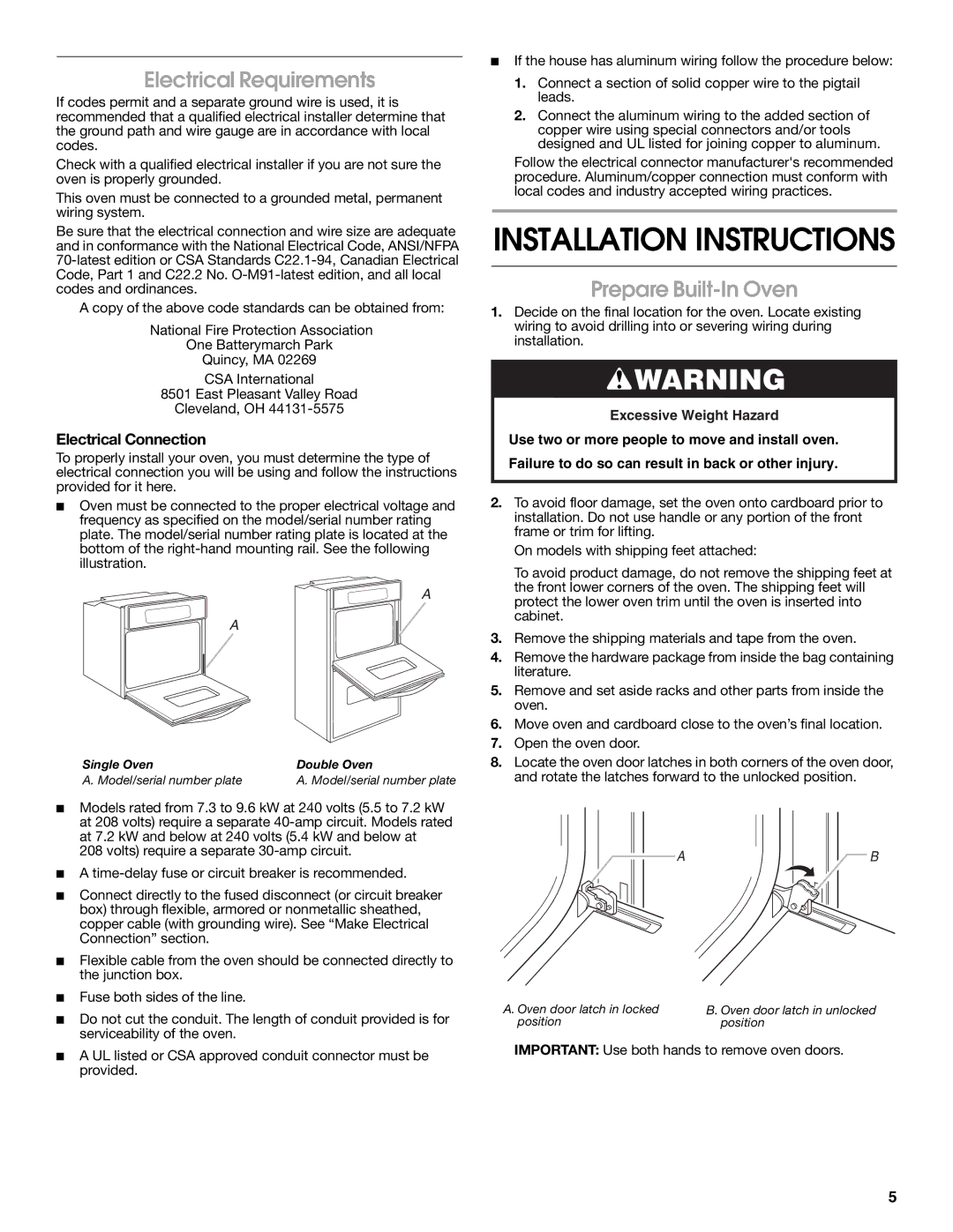 Whirlpool installation instructions Electrical Requirements, Prepare Built-In Oven, Electrical Connection 