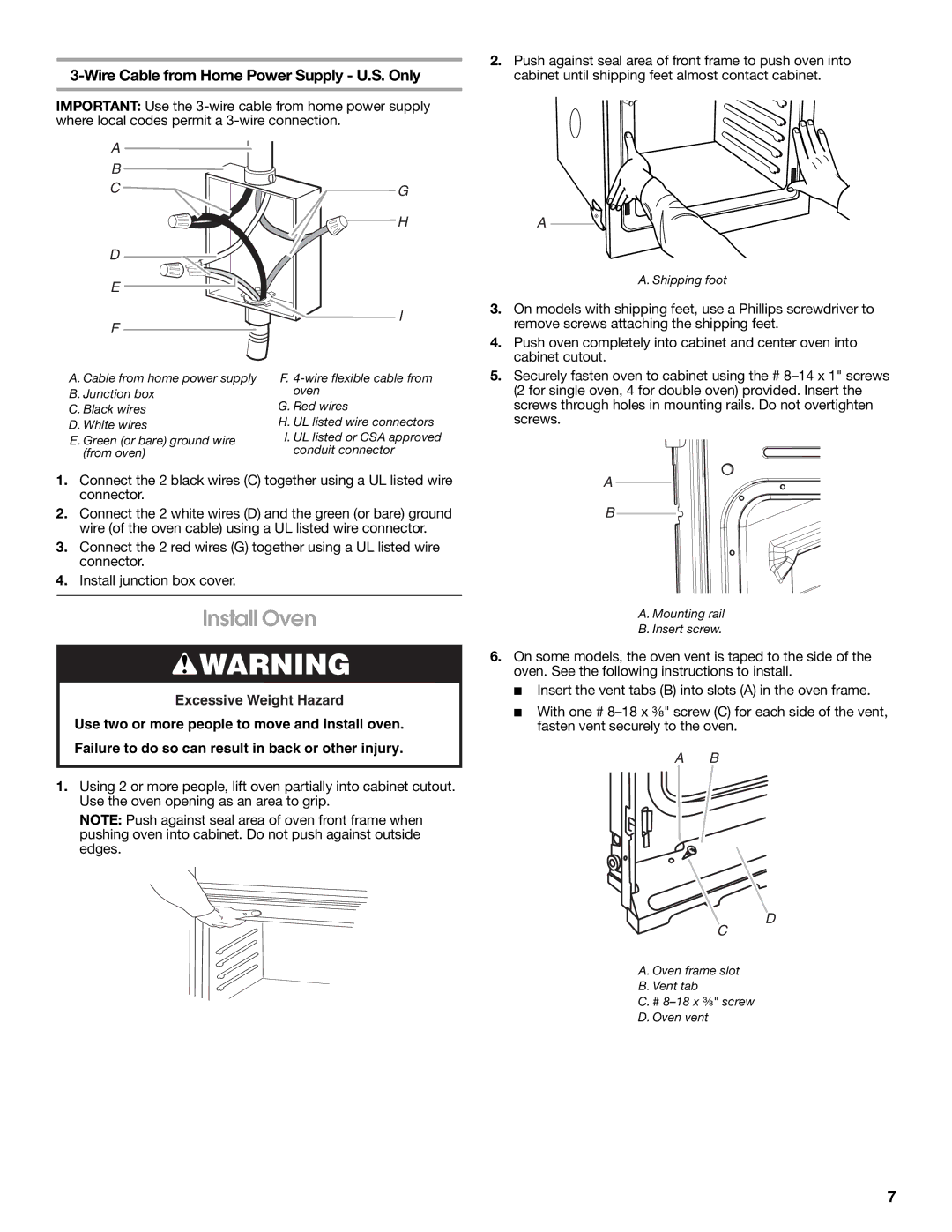 Whirlpool installation instructions Install Oven, Wire Cable from Home Power Supply U.S. Only 