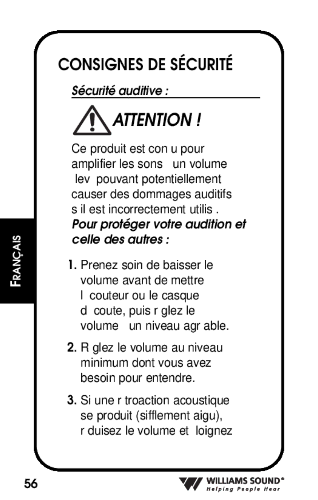 Whirlpool PKT D1 manual Consignes DE Sécurité, Sécurité auditive 