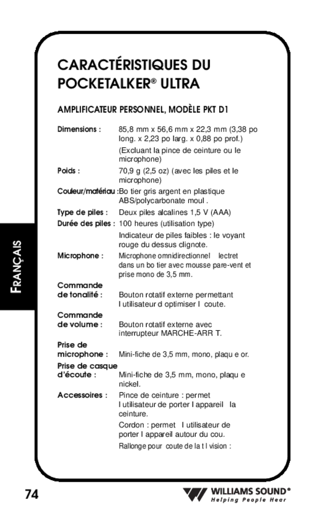 Whirlpool manual Caractéristiques DU Pocketalker Ultra, Amplificateur PERSONNEL, Modèle PKT D1 