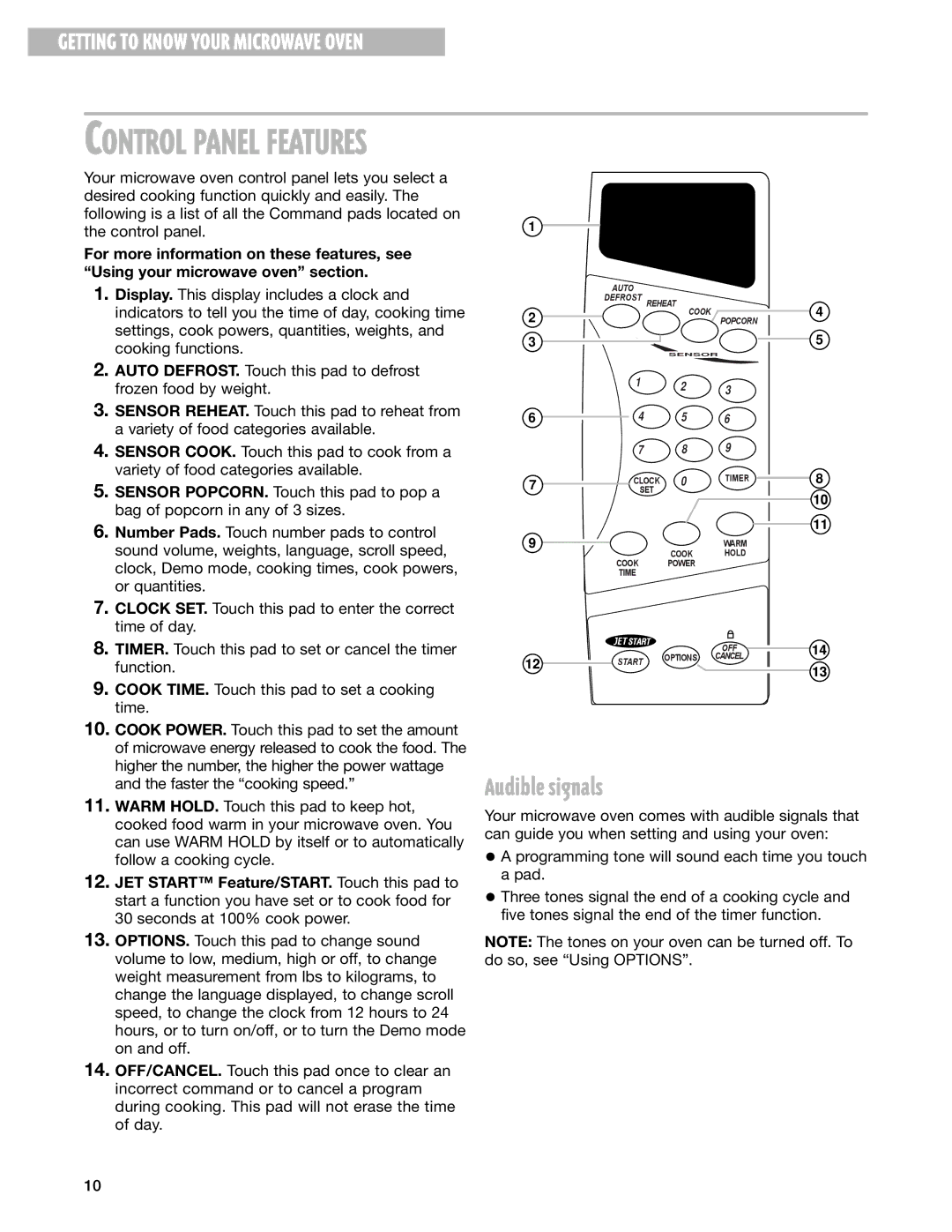 Whirlpool pmn installation instructions Control Panel Features, Audible signals 