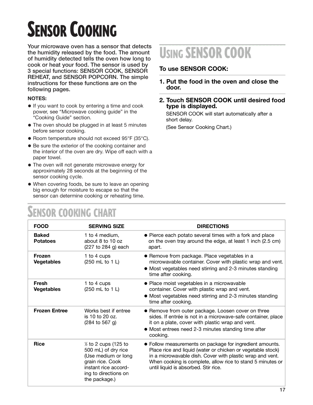 Whirlpool pmn installation instructions Sensor Cooking Chart, Food Serving Size Directions 