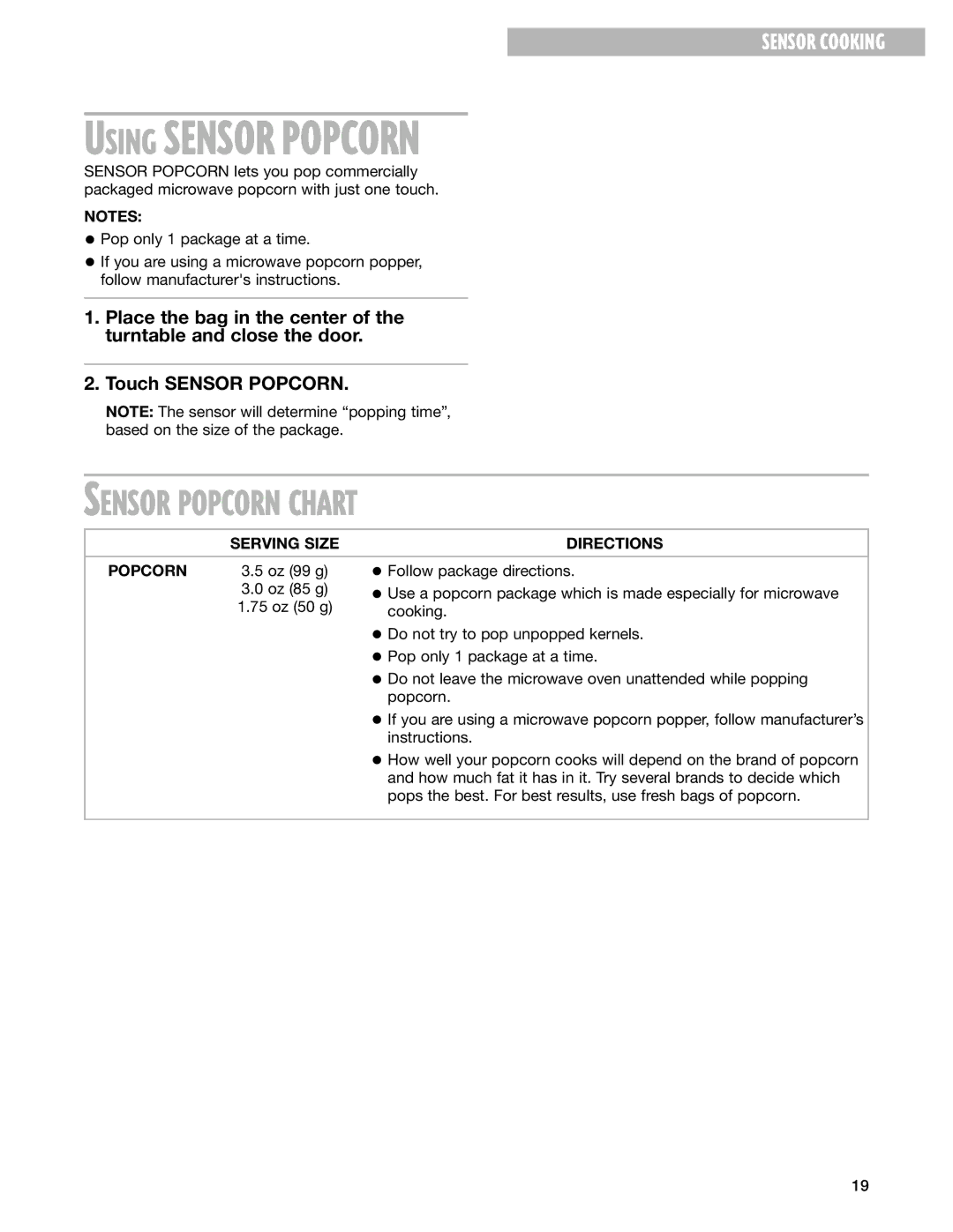 Whirlpool pmn installation instructions Sensor Popcorn Chart, Serving Size Directions Popcorn 