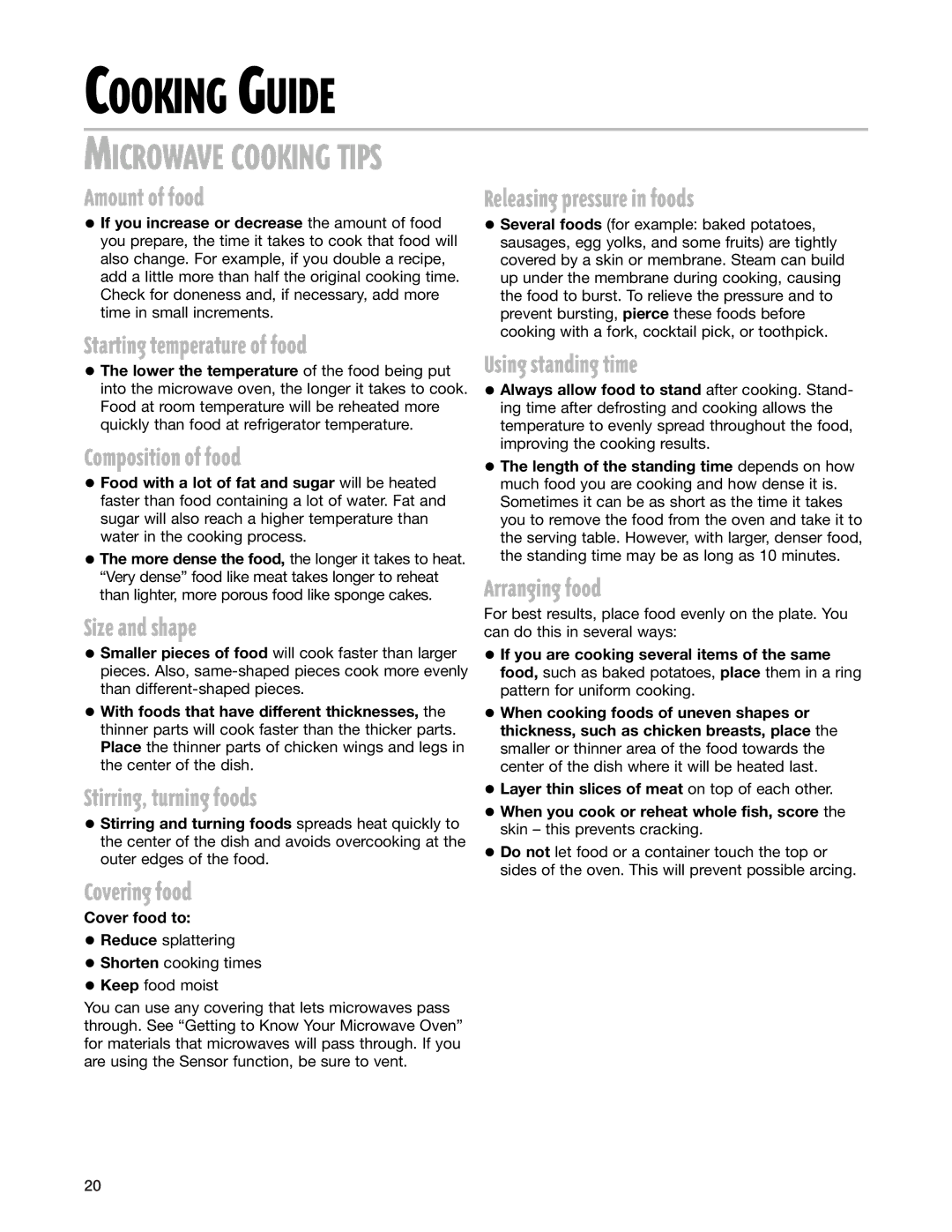 Whirlpool pmn Cooking Guide, Microwave Cooking Tips, Releasing pressure in foods, Using standing time, Arranging food 
